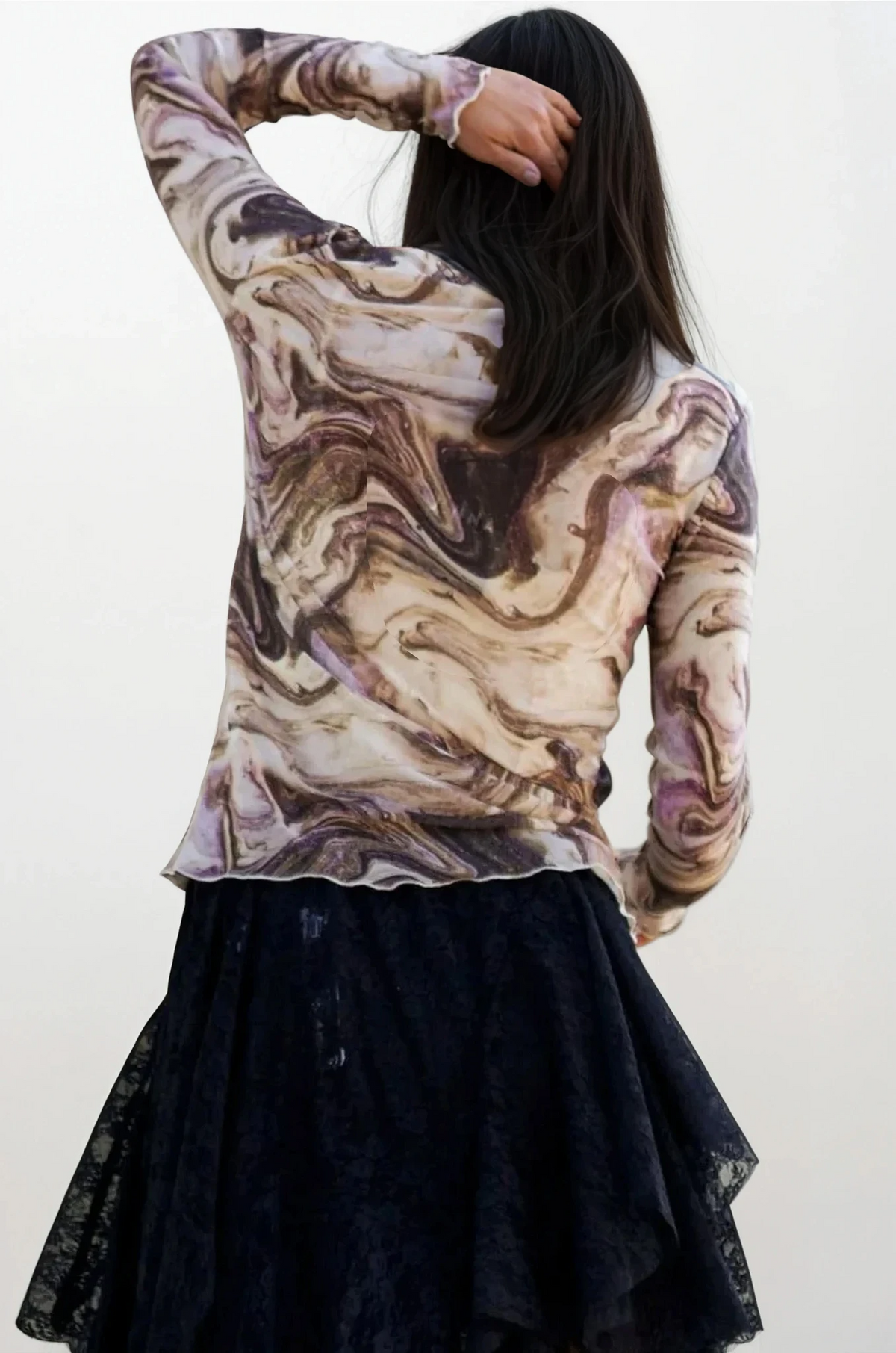 Marble mesh long sleeve top with breathable lightweight fabric and stretch