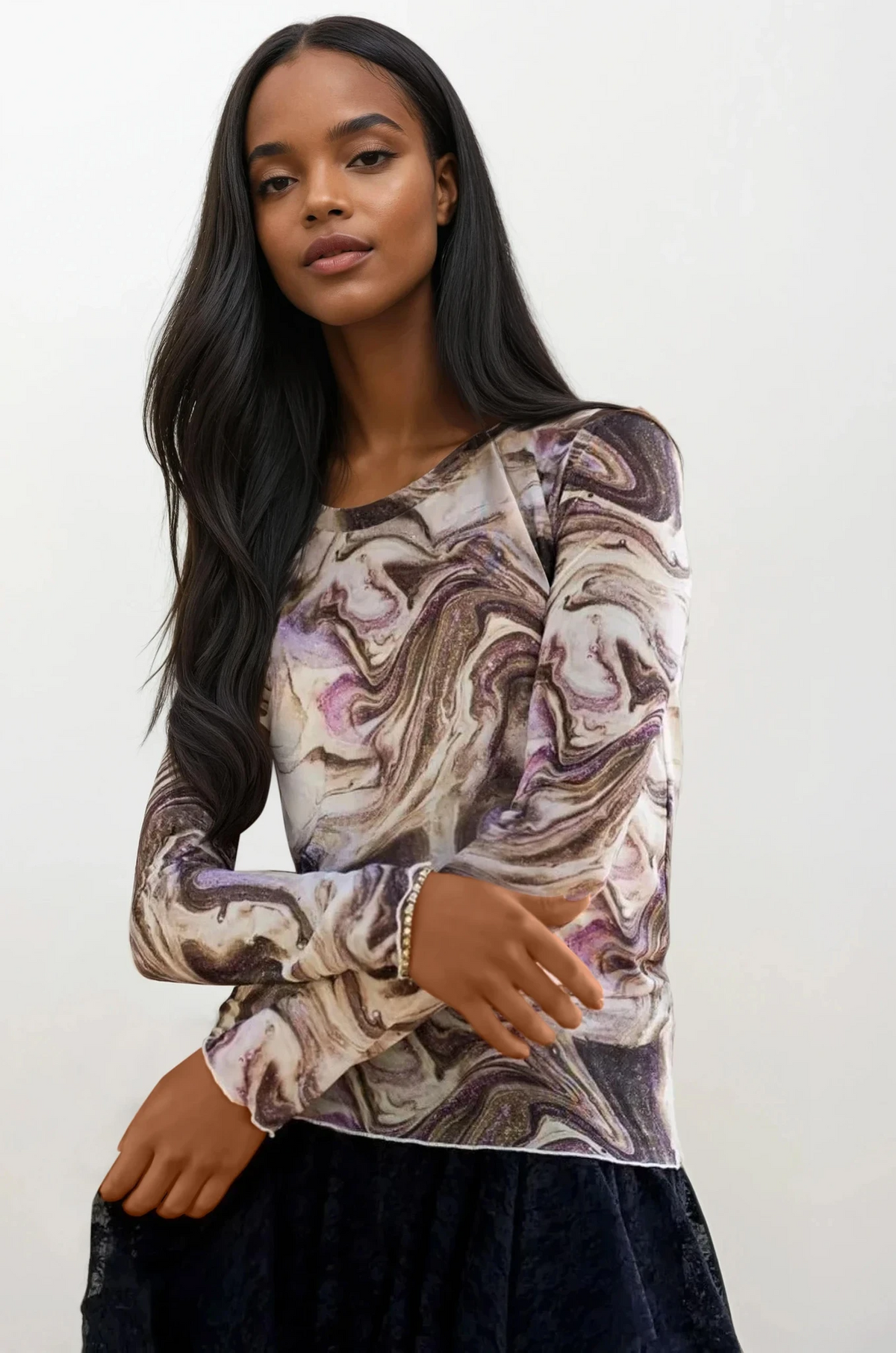 Marble mesh long sleeve top with classic long sleeves and lightweight breathable fabric