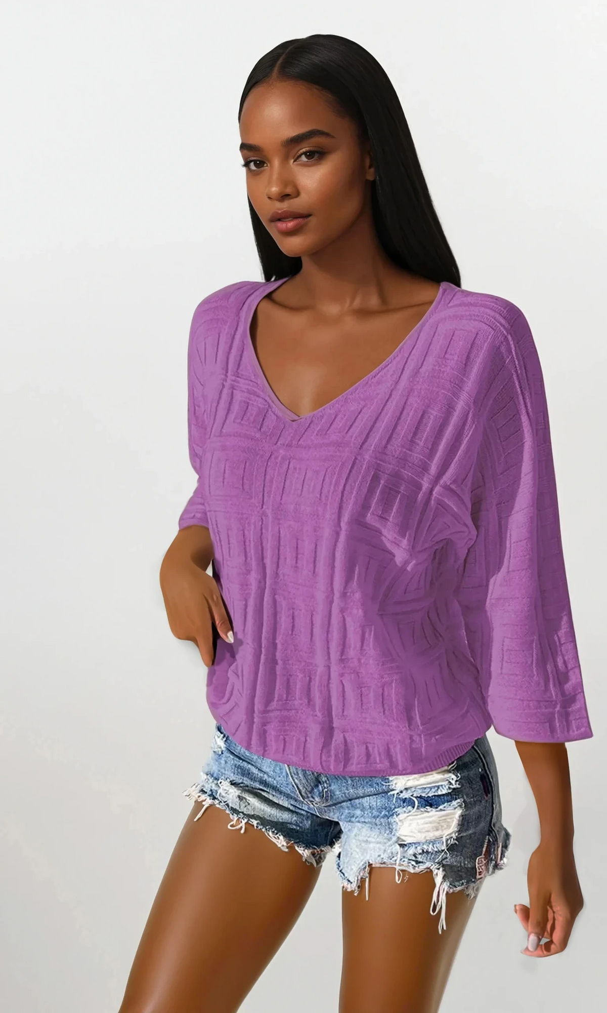 Maze v-neck three-quarter sleeve knit top in abstract design