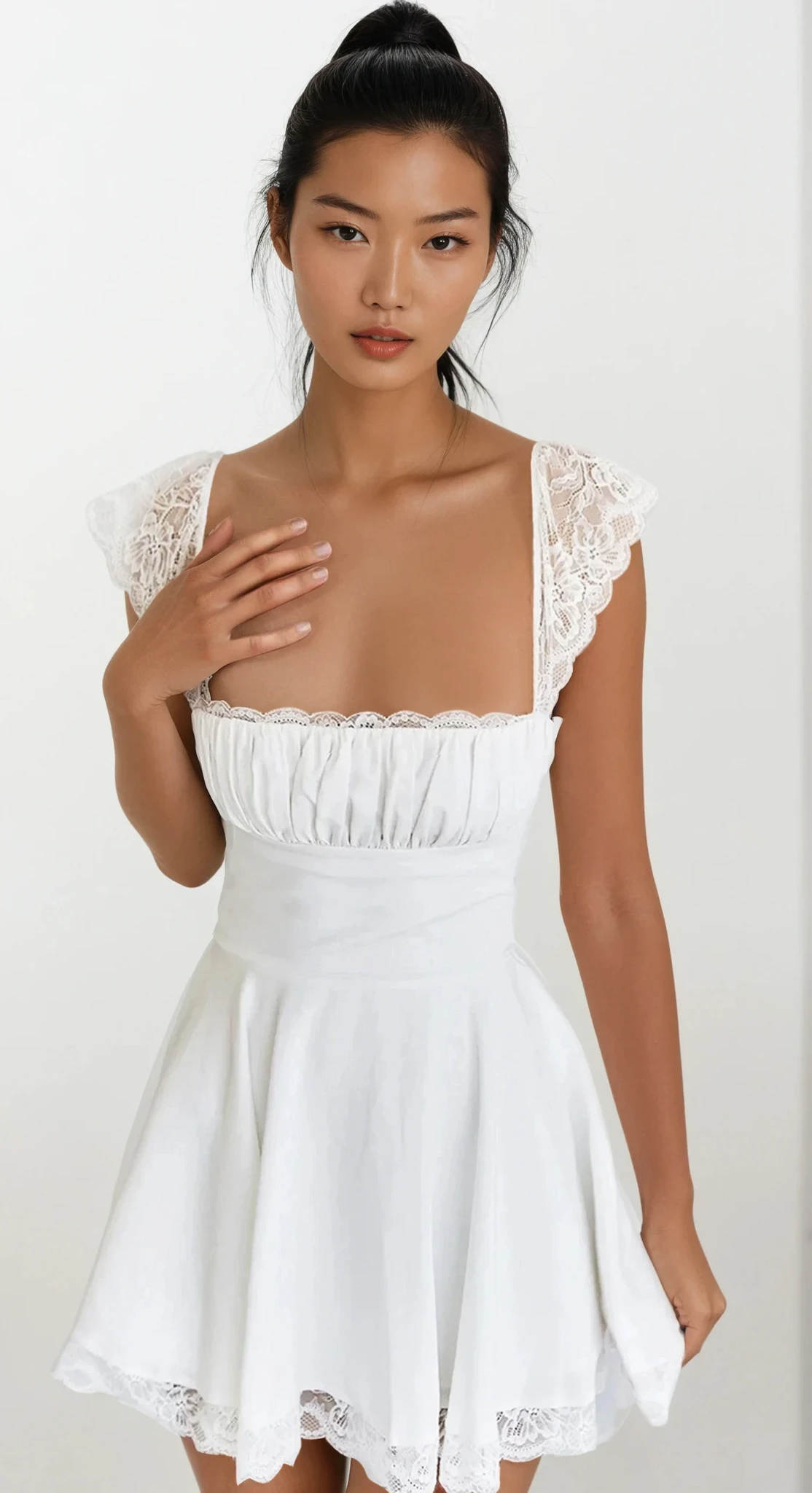 Milk Maid Square Neck Cap Sleeve Mini Dress with tied back and lace bodice