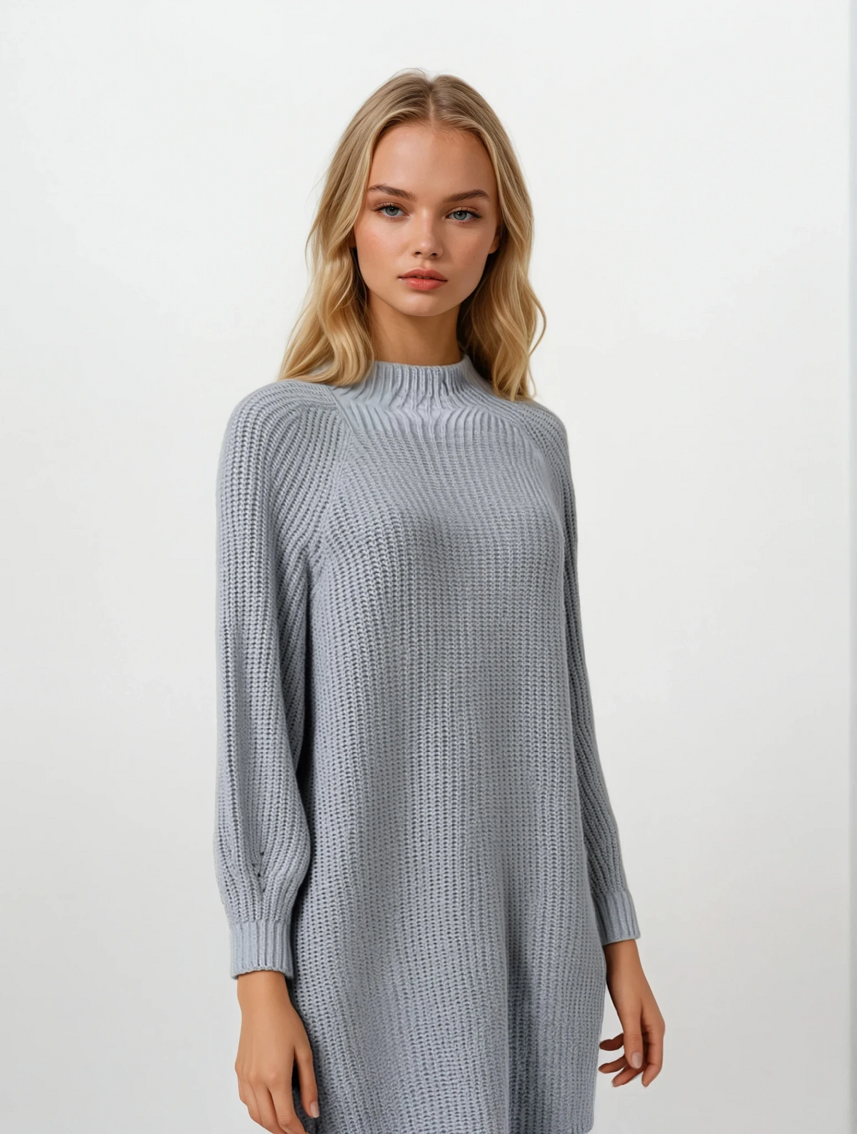 mock neck long sleeve sweater dress in solid pattern
