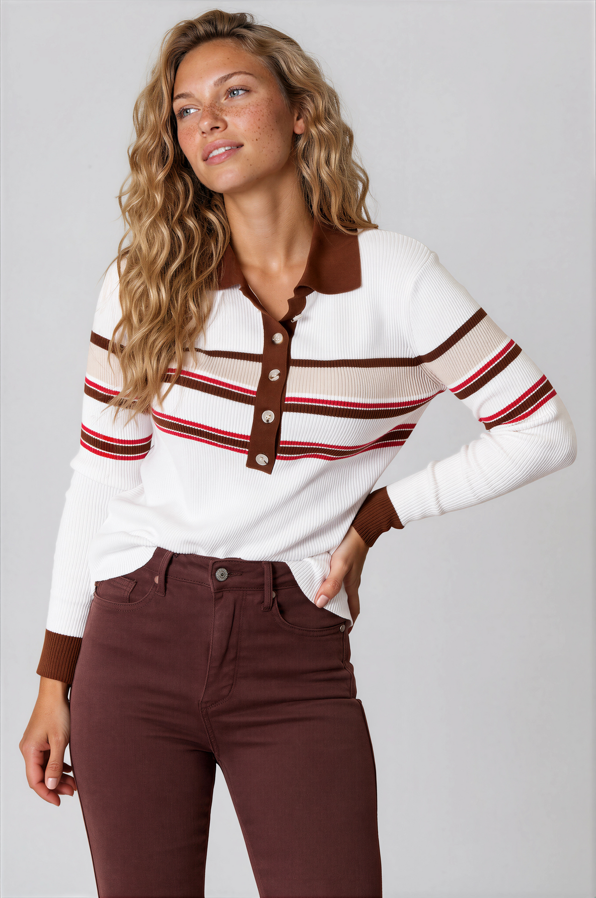 Neutral Striped Collared Neck Rib-Knit Half Button Top in ivory with brown and red stripes, brown collar and button placket, and long sleeves
