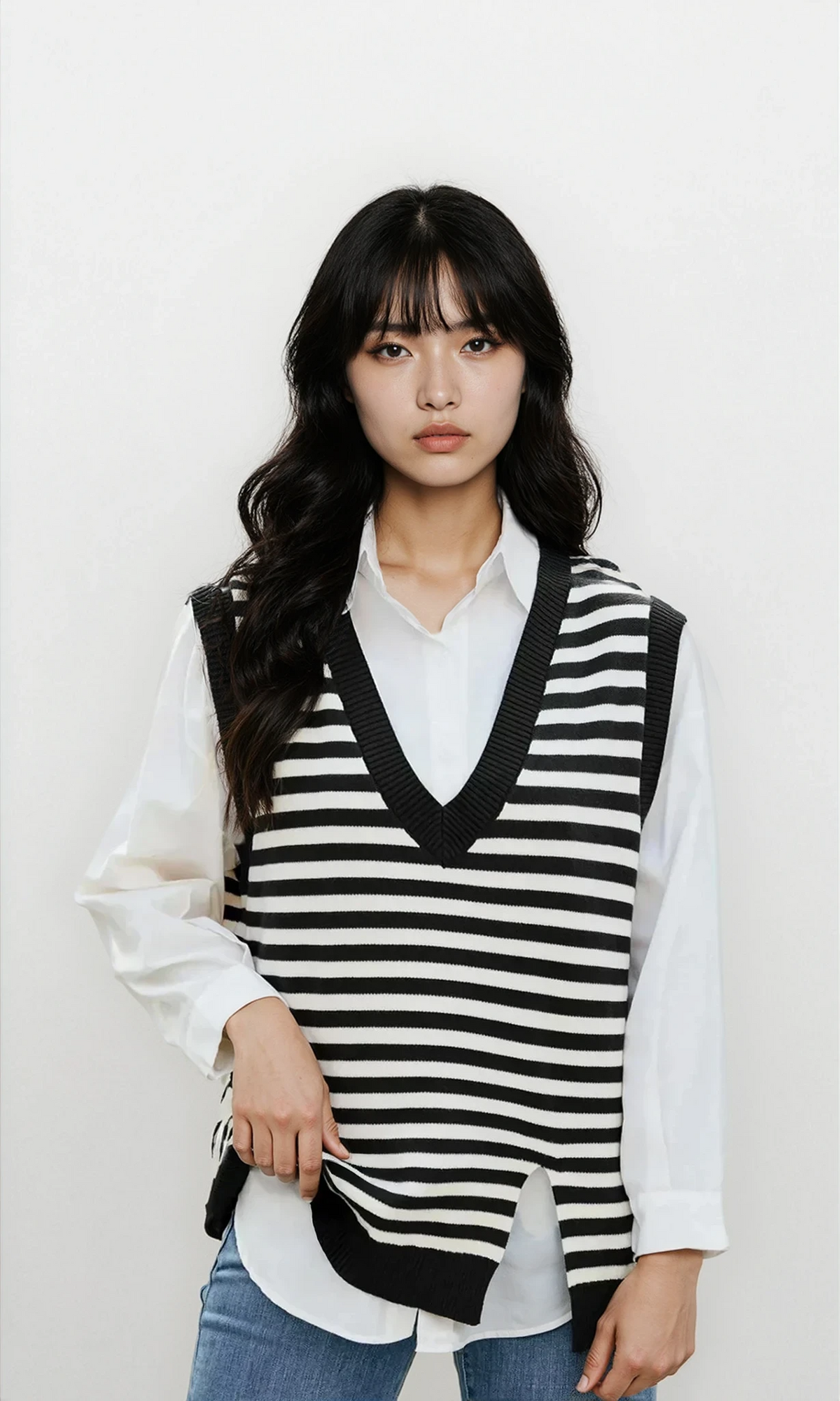 Noble slit v-neck striped sweater vest with front slit and sleeveless design