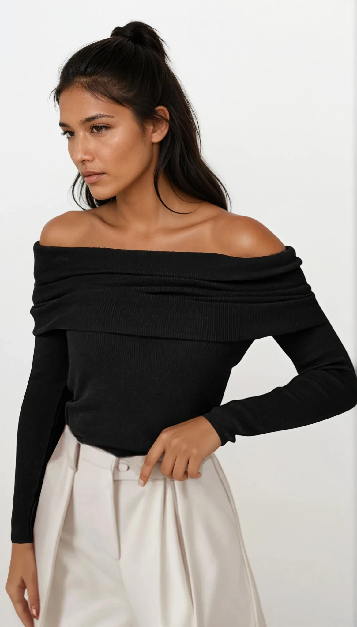 weightless off-shoulder long sleeve sweater in solid pattern