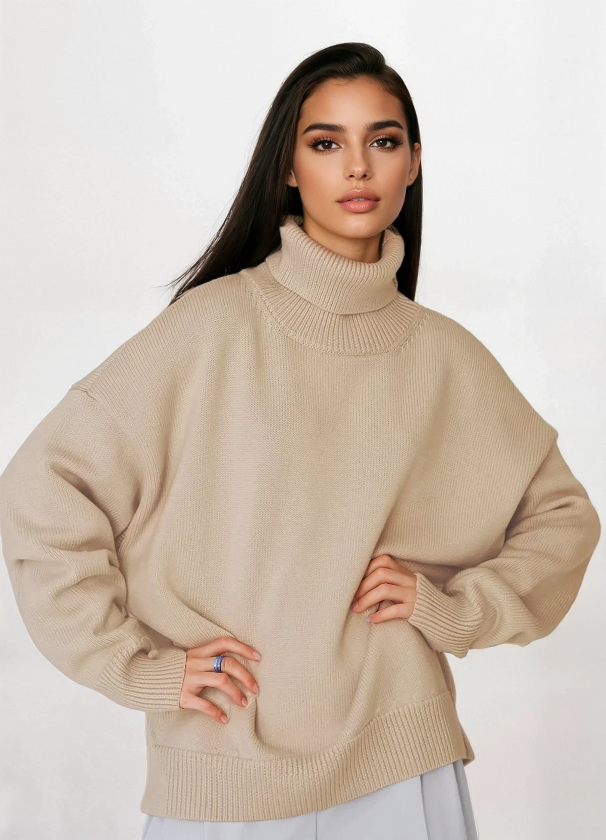 Ordinary turtleneck dropped shoulder sweater in solid color