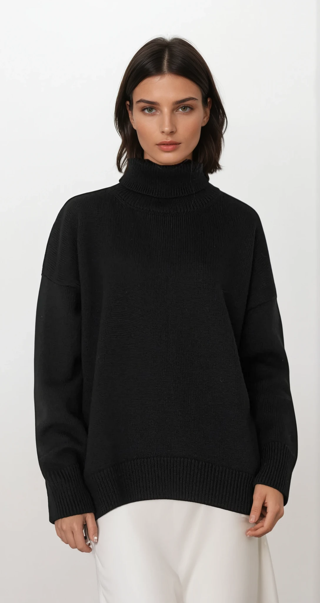 Classic ordinary turtleneck dropped shoulder sweater in solid color