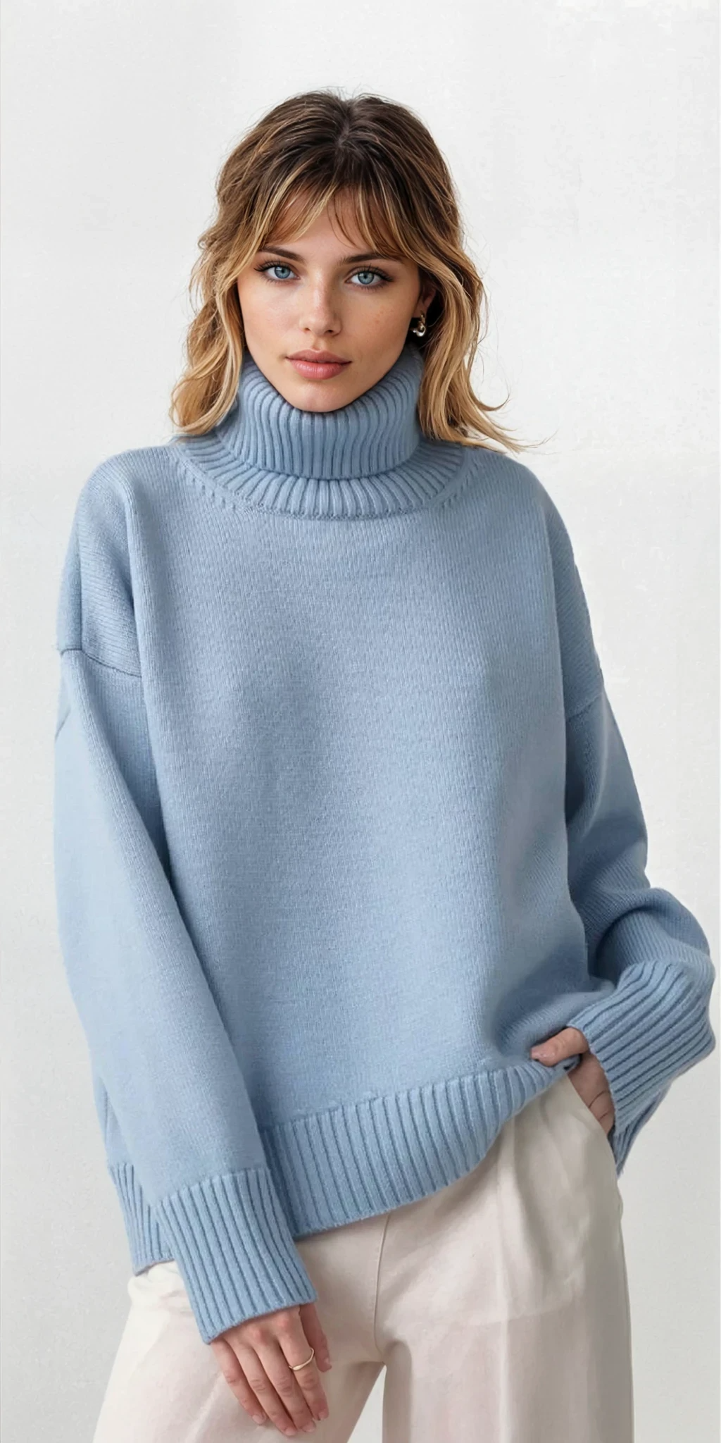 ordinary turtleneck sweater with dropped shoulders in solid color