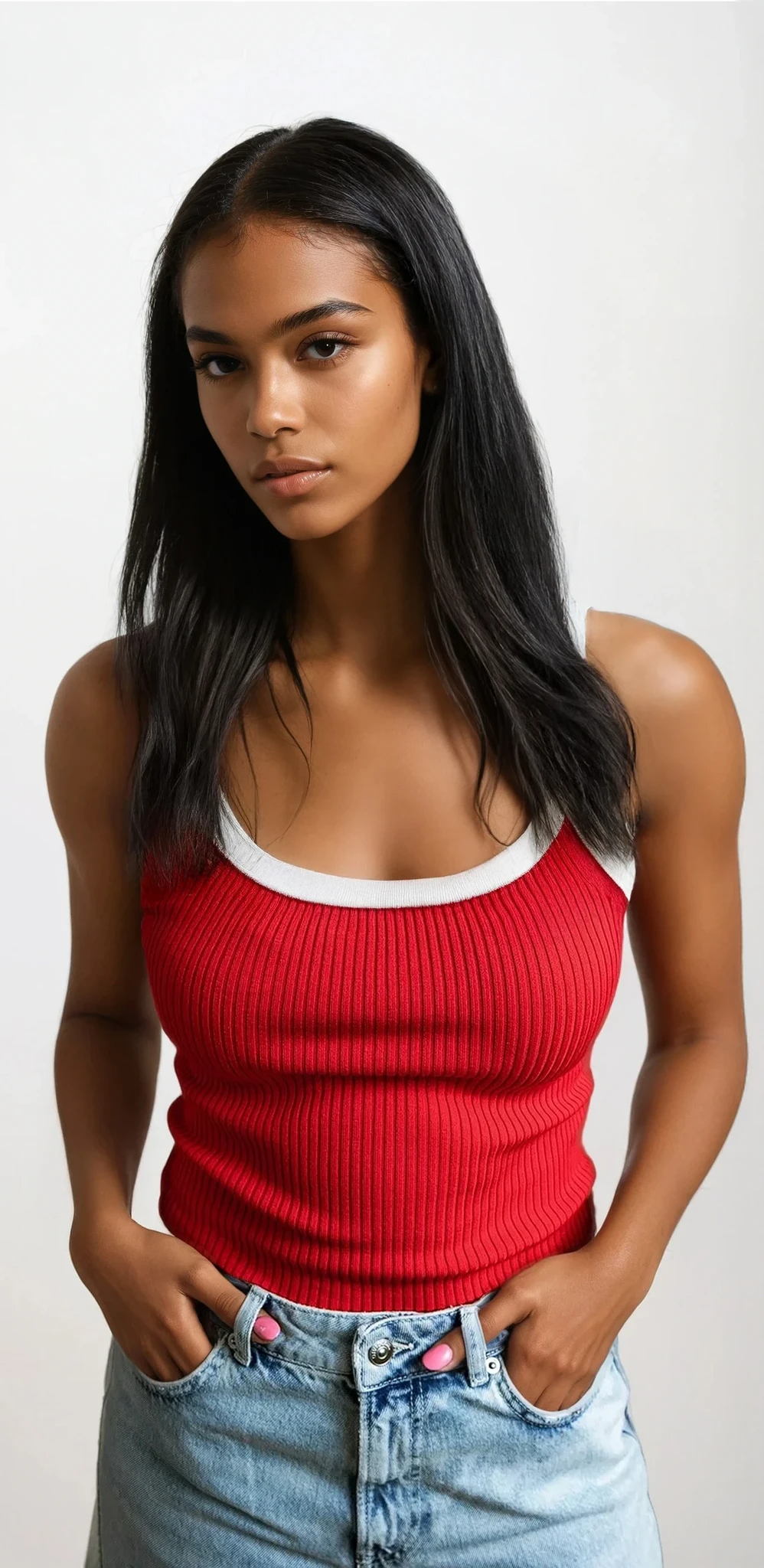 Outlined rib-knit vest with two-tone ribbed texture and sleeveless design