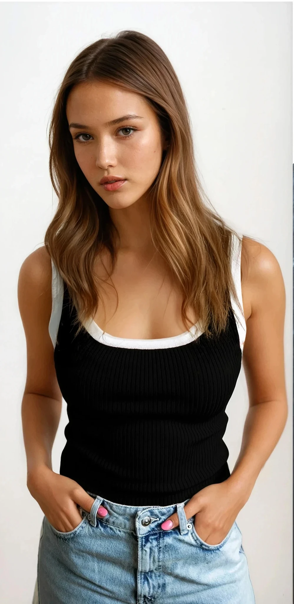Two-tone outlined rib-knit vest with sleeveless design