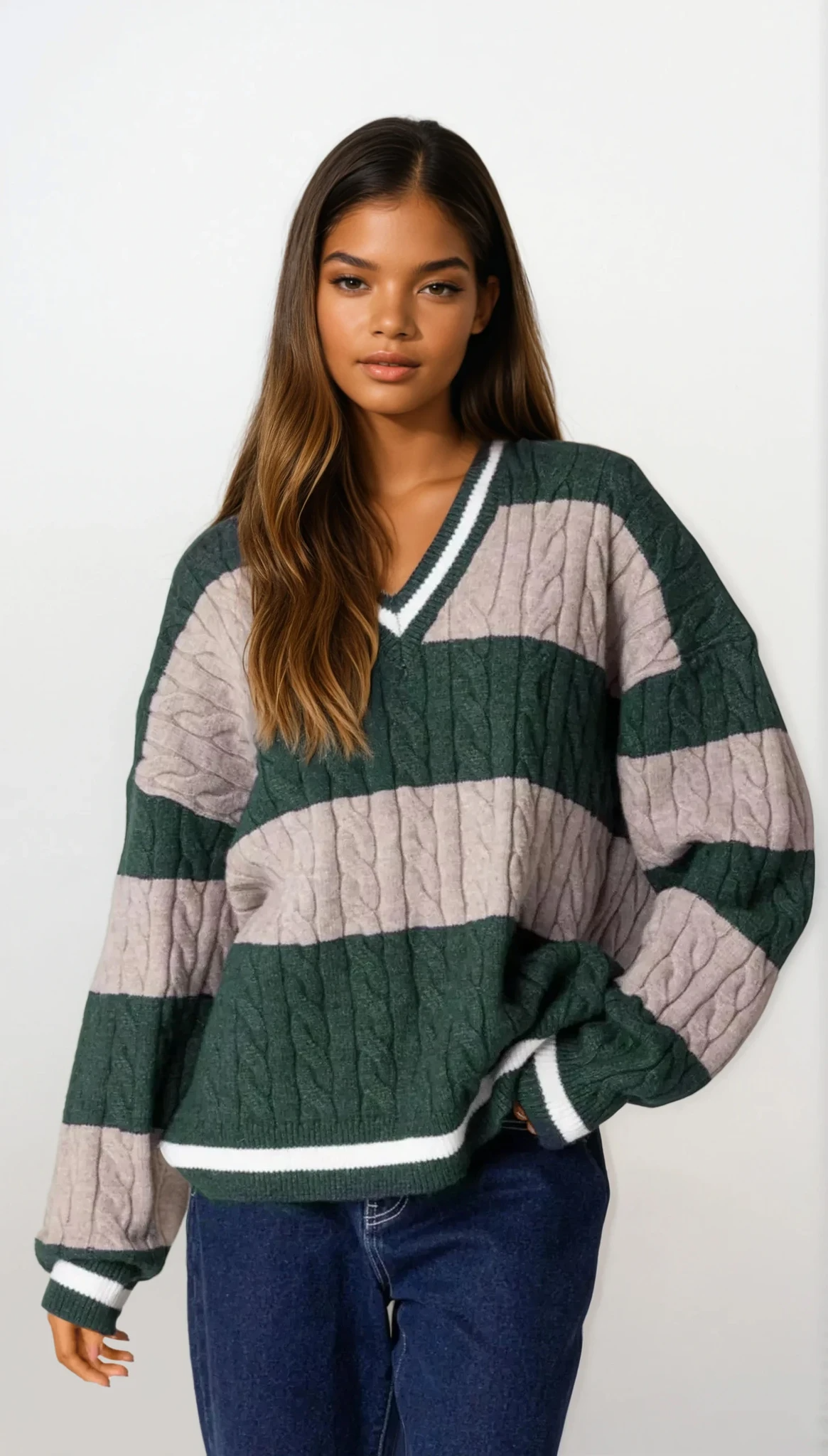 Oversized striped cable knit v-neck sweater in cozy knit fabric