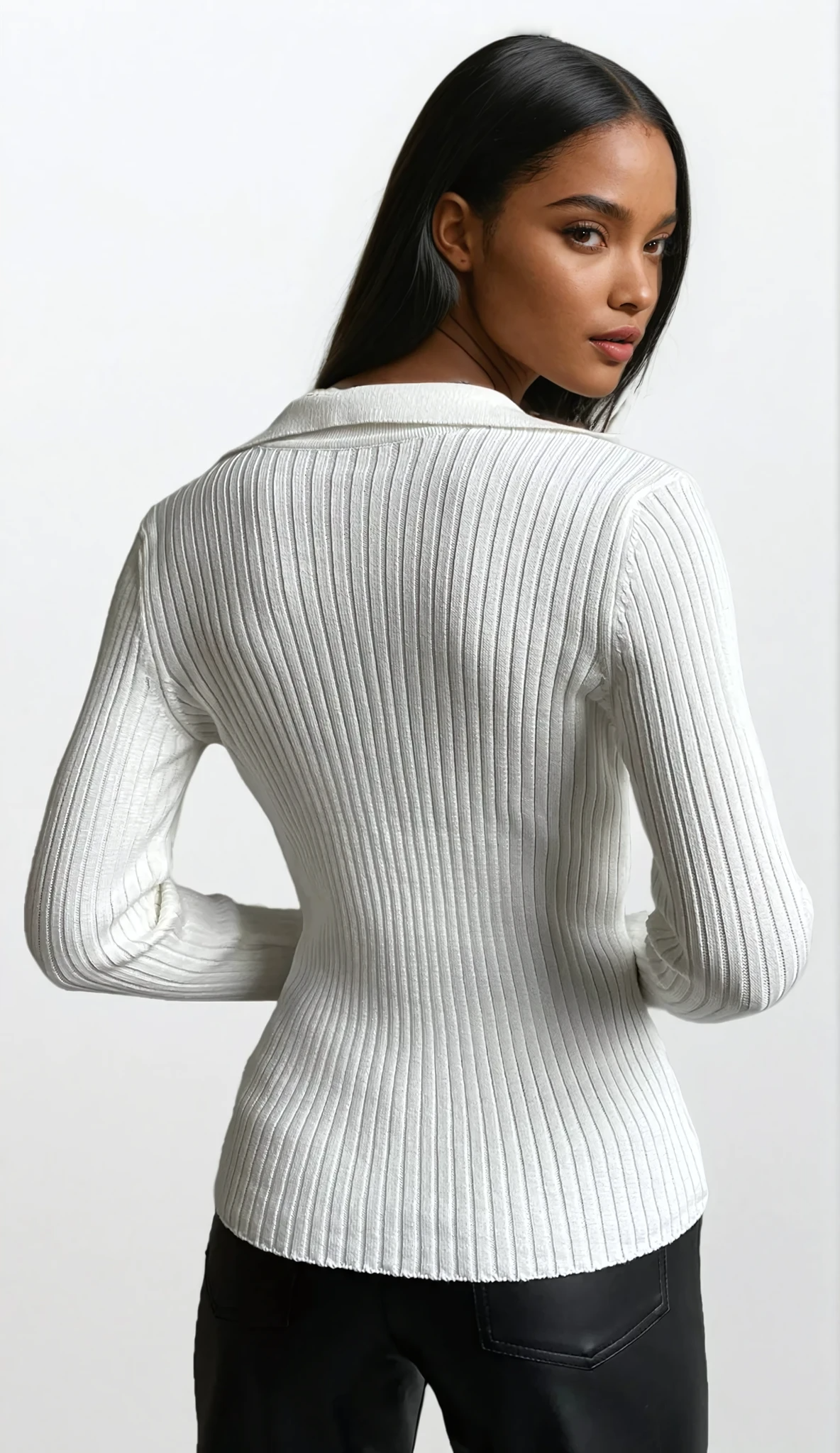Perfect rib-knit Johnny collar sweater in solid color with fitted texture