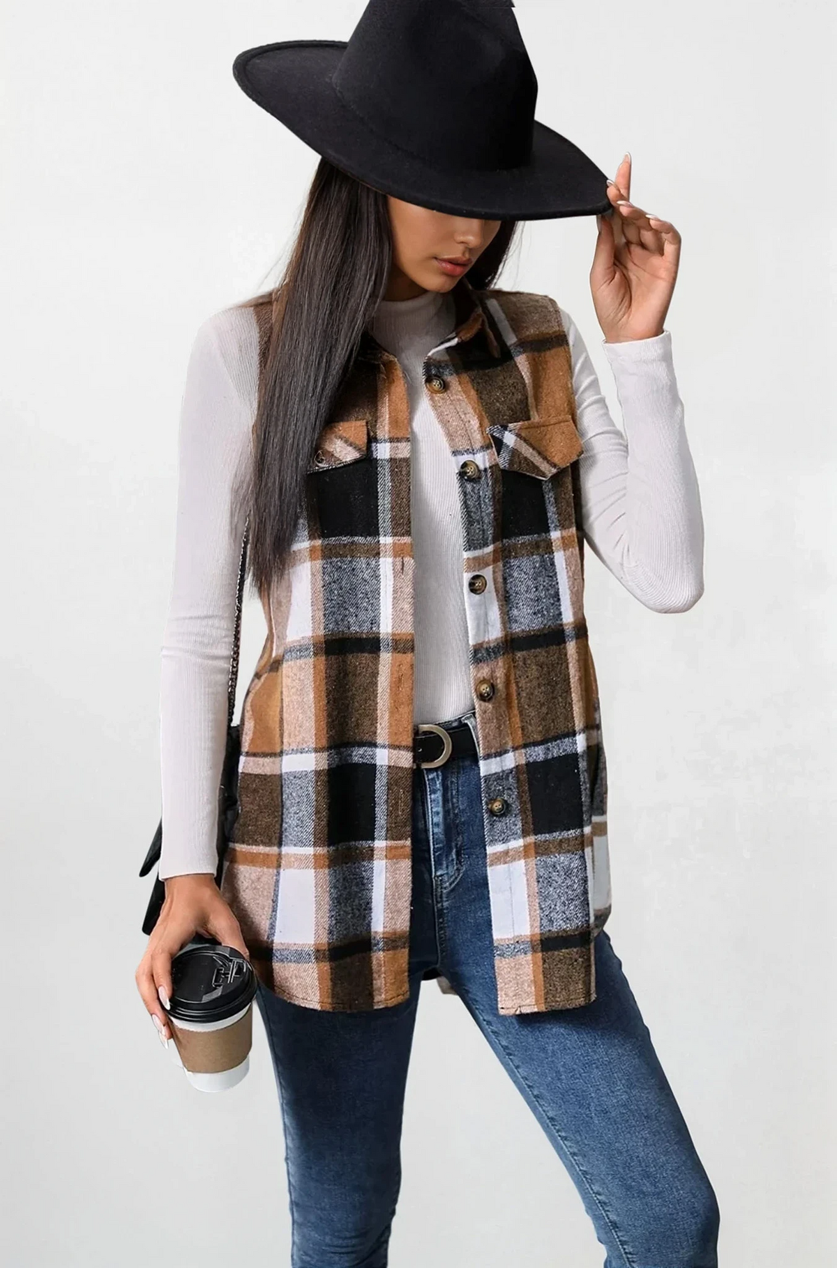 Plaid button-up vest coat with sleeveless design and lightweight fabric
