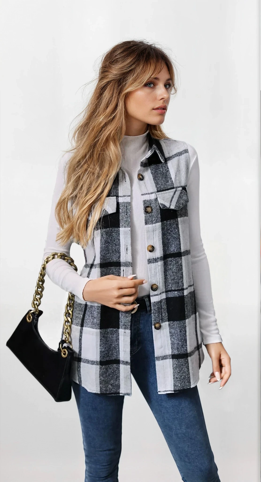 Plaid button-up vest coat with sleeveless design and lightweight warmth