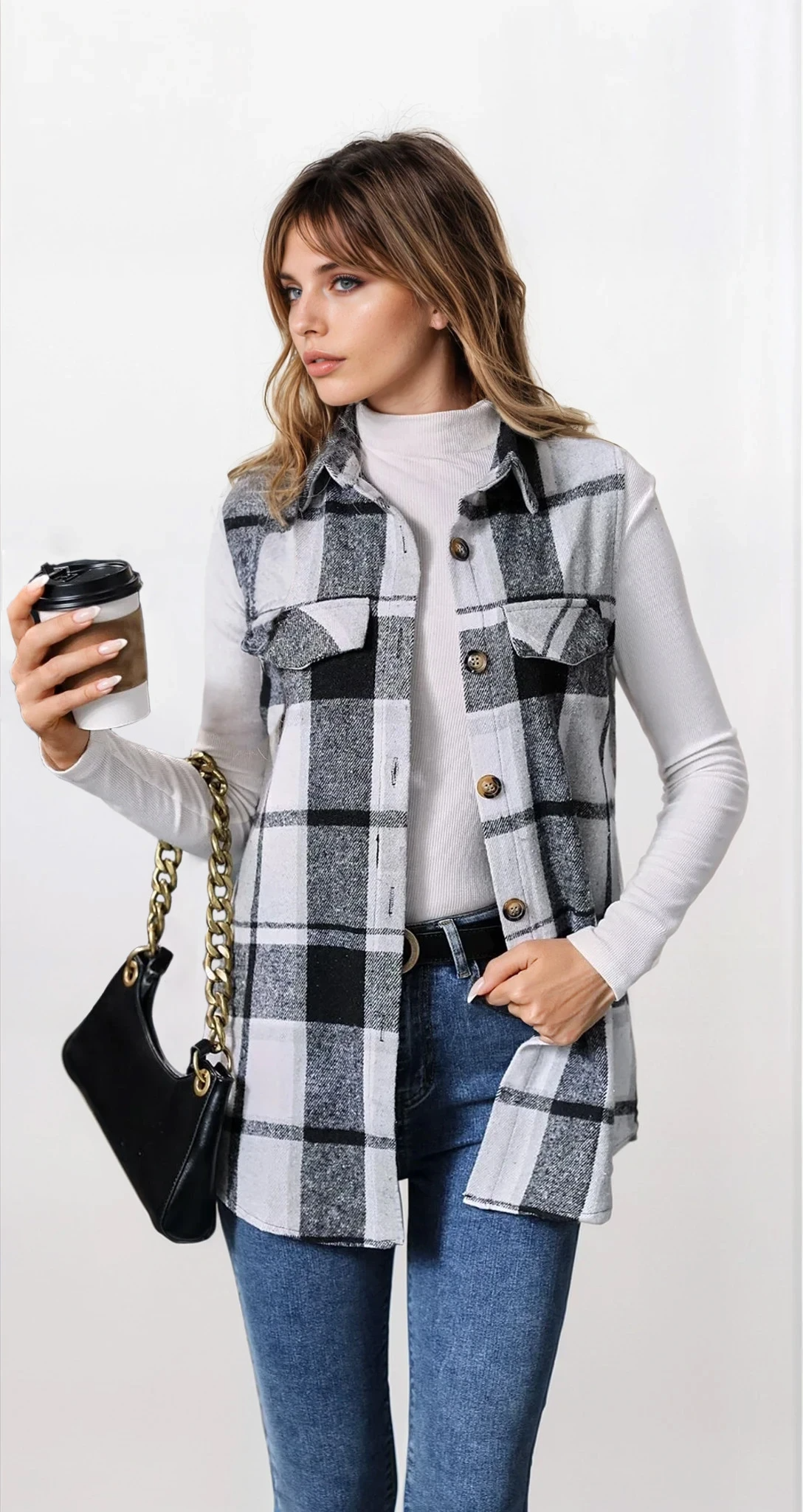 Plaid button-up vest coat with lightweight, sleeveless design