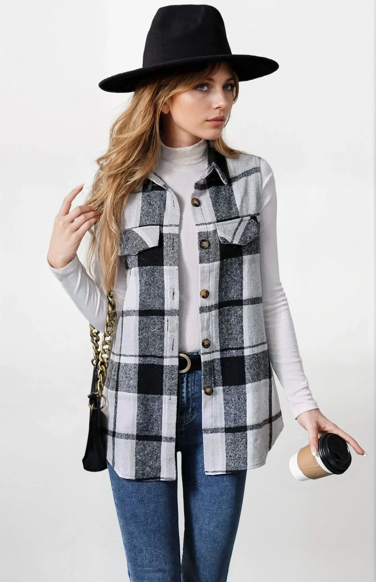 Plaid button-up vest coat with sleeveless design and lightweight fabric