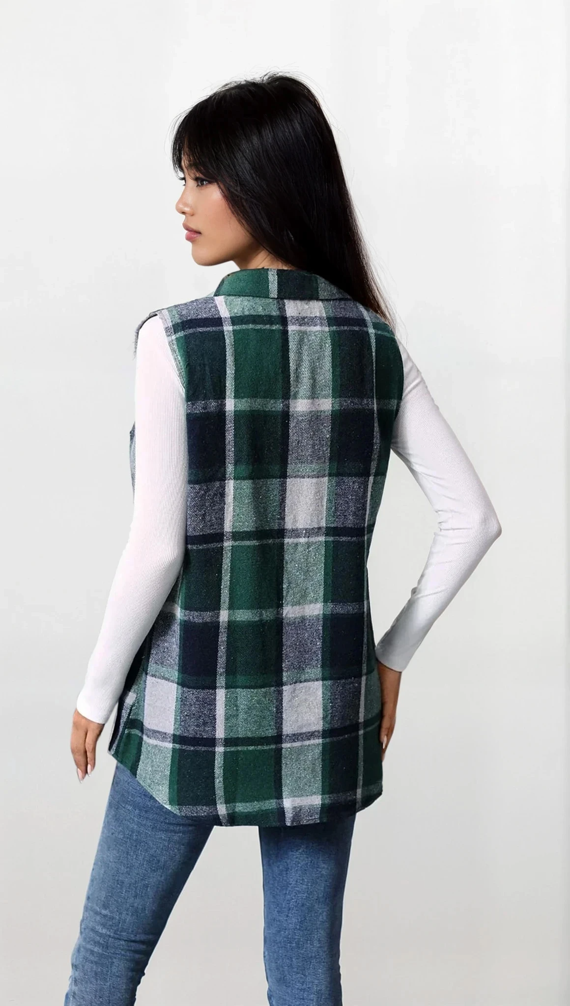 Plaid button-up vest coat lightweight sleeveless stylish
