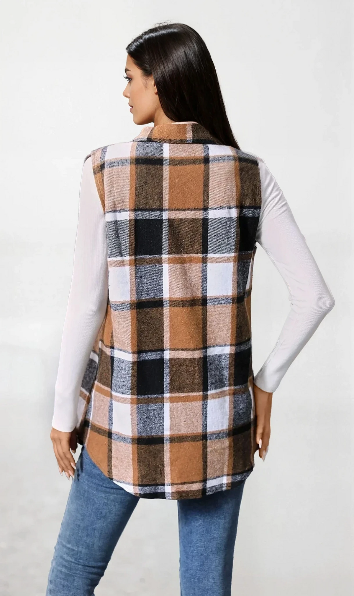 Plaid button-up vest coat with sleeveless design and lightweight fabric