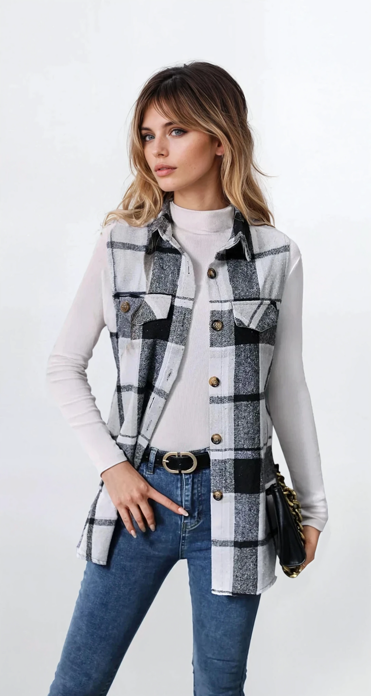 Plaid button-up vest coat with sleeveless design and lightweight material