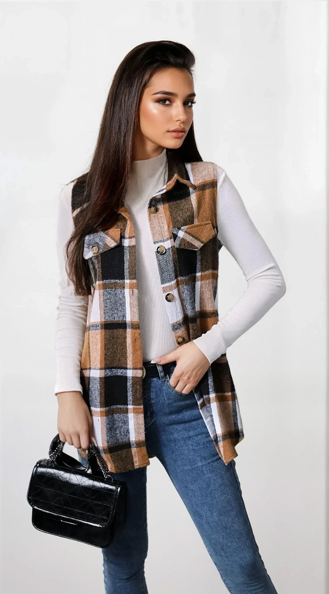 Plaid button-up vest coat with sleeveless design and lightweight fabric