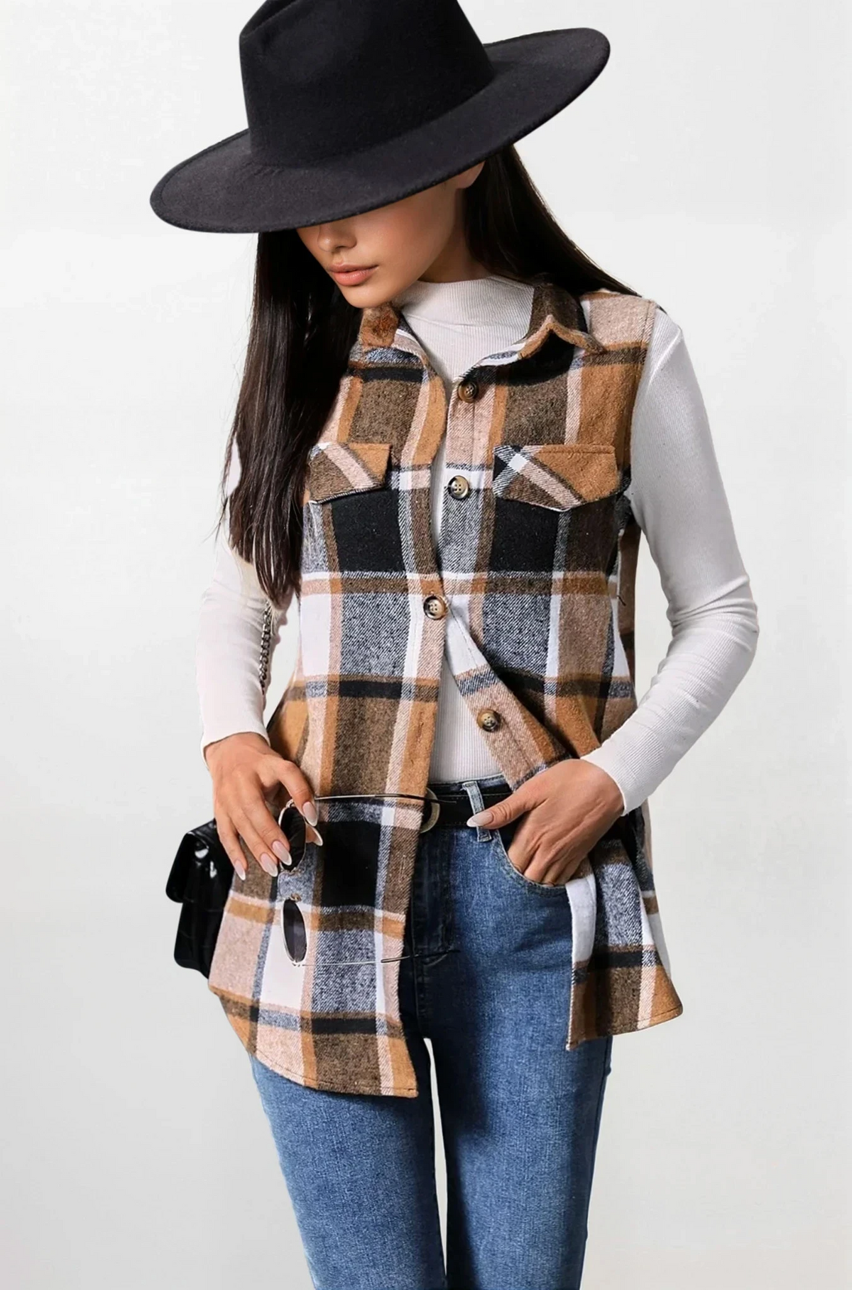 Plaid button-up vest coat with sleeveless design and lightweight fabric