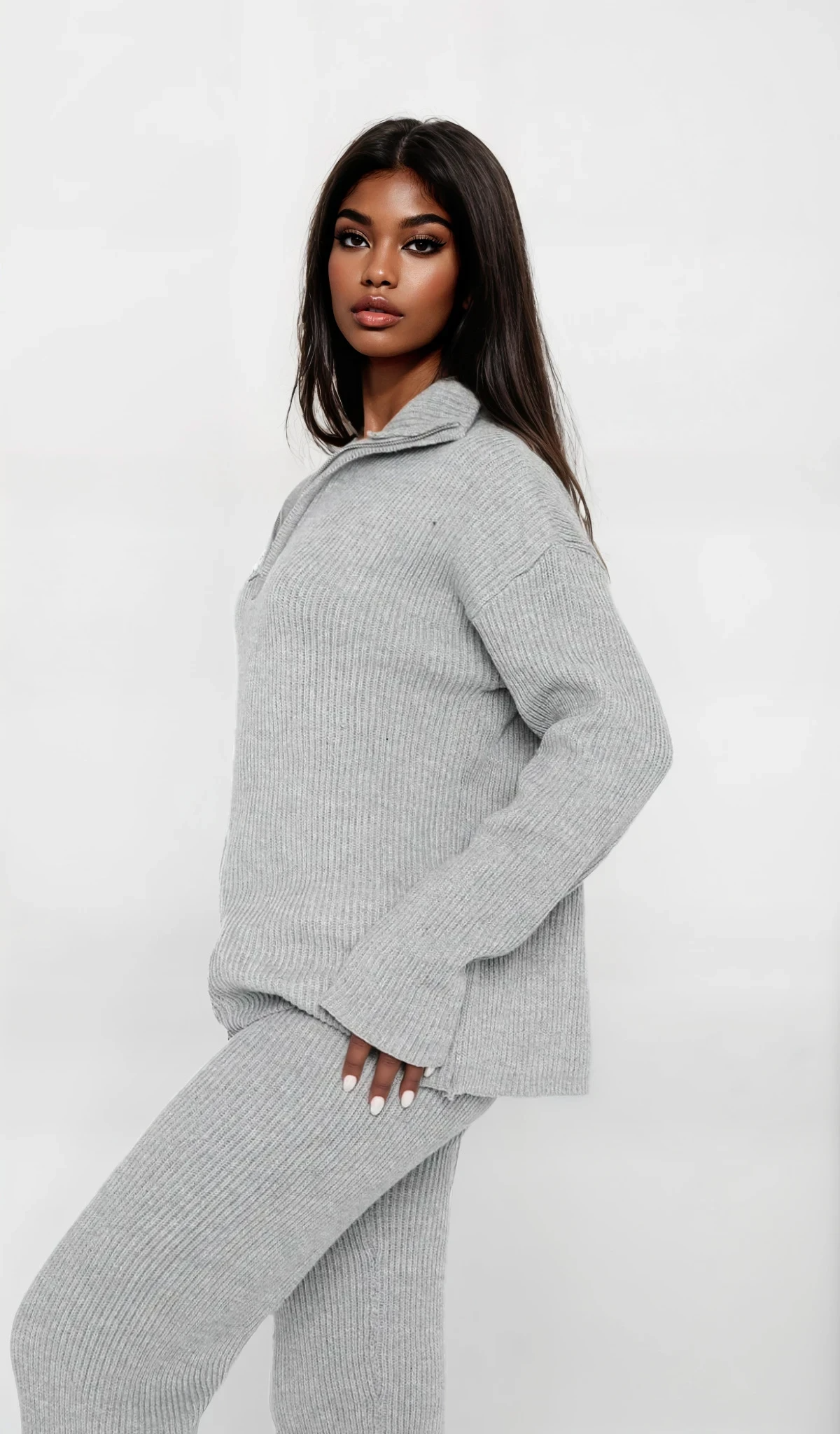 Plush Quarter Zip Long Sleeve Top and Pant Set with ribbed texture 