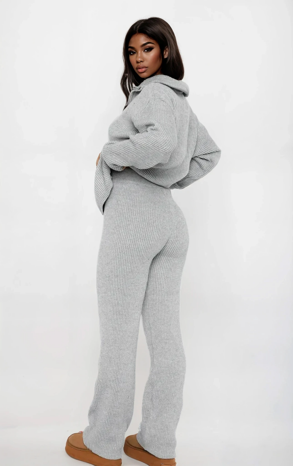 Plush Quarter Zip Long Sleeve Top and Pant Set with ribbed texture 