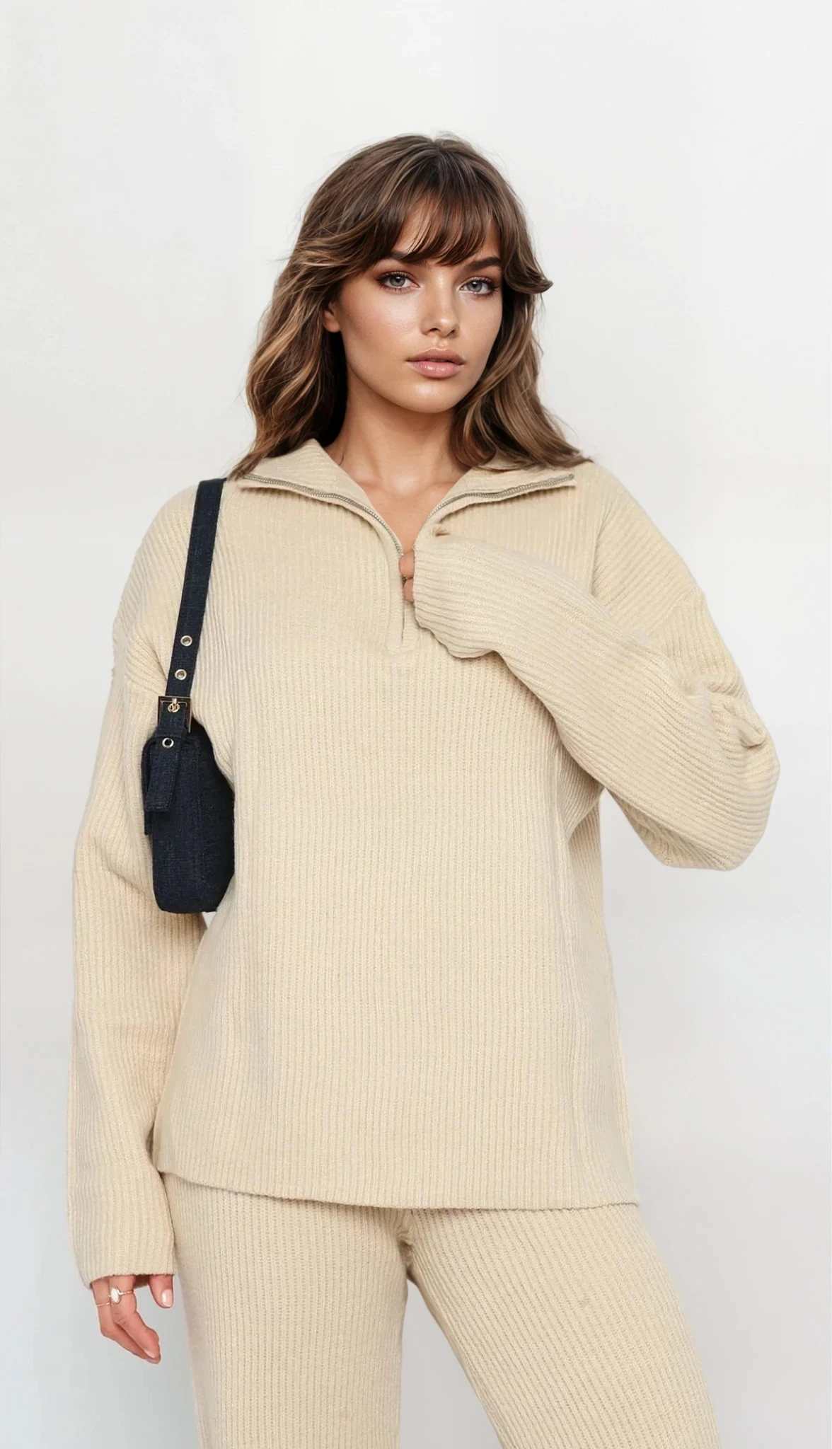 Plush Quarter Zip Long Sleeve Top and Pant Set with ribbed texture 