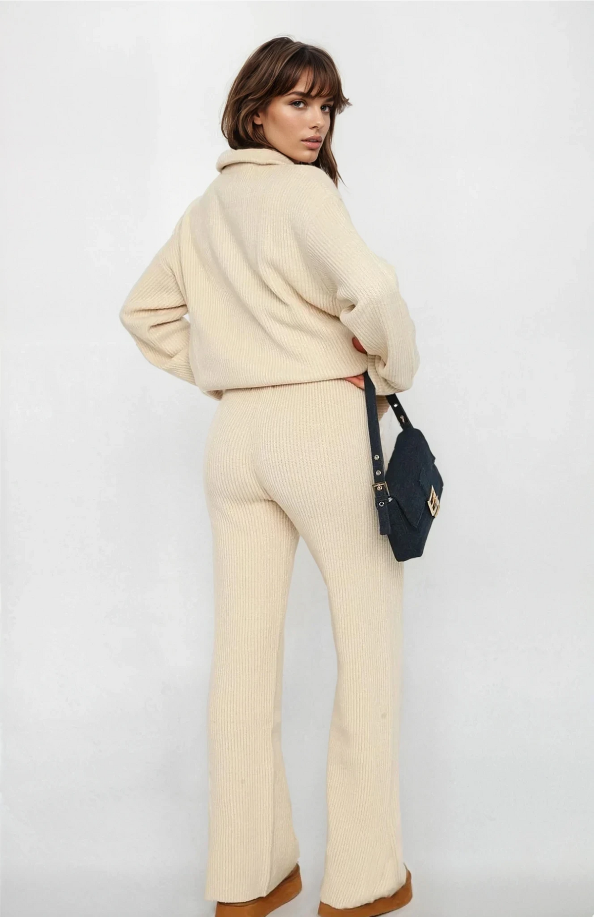 Plush Quarter Zip Long Sleeve Top and Pant Set with ribbed texture 