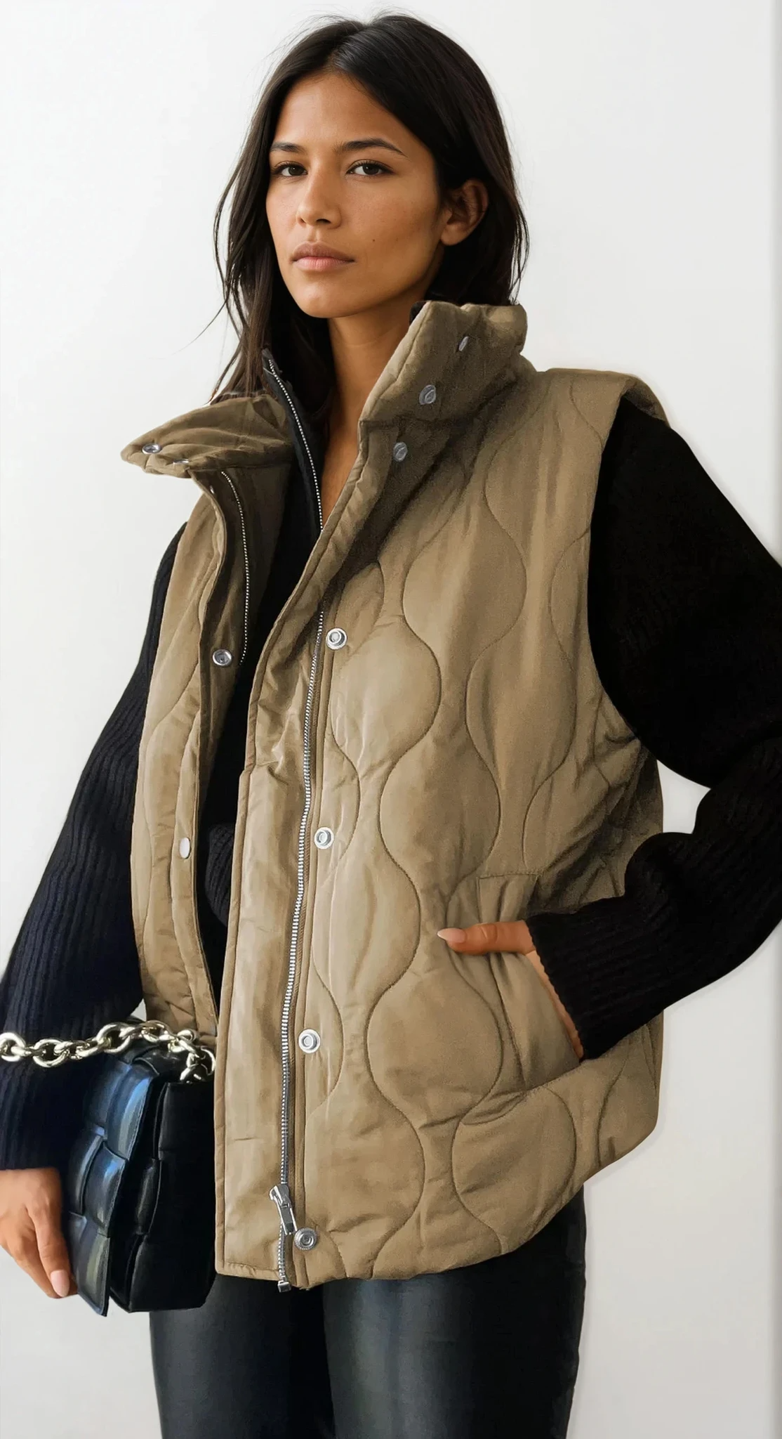 quilted collared neck vest with pockets and sleeveless design