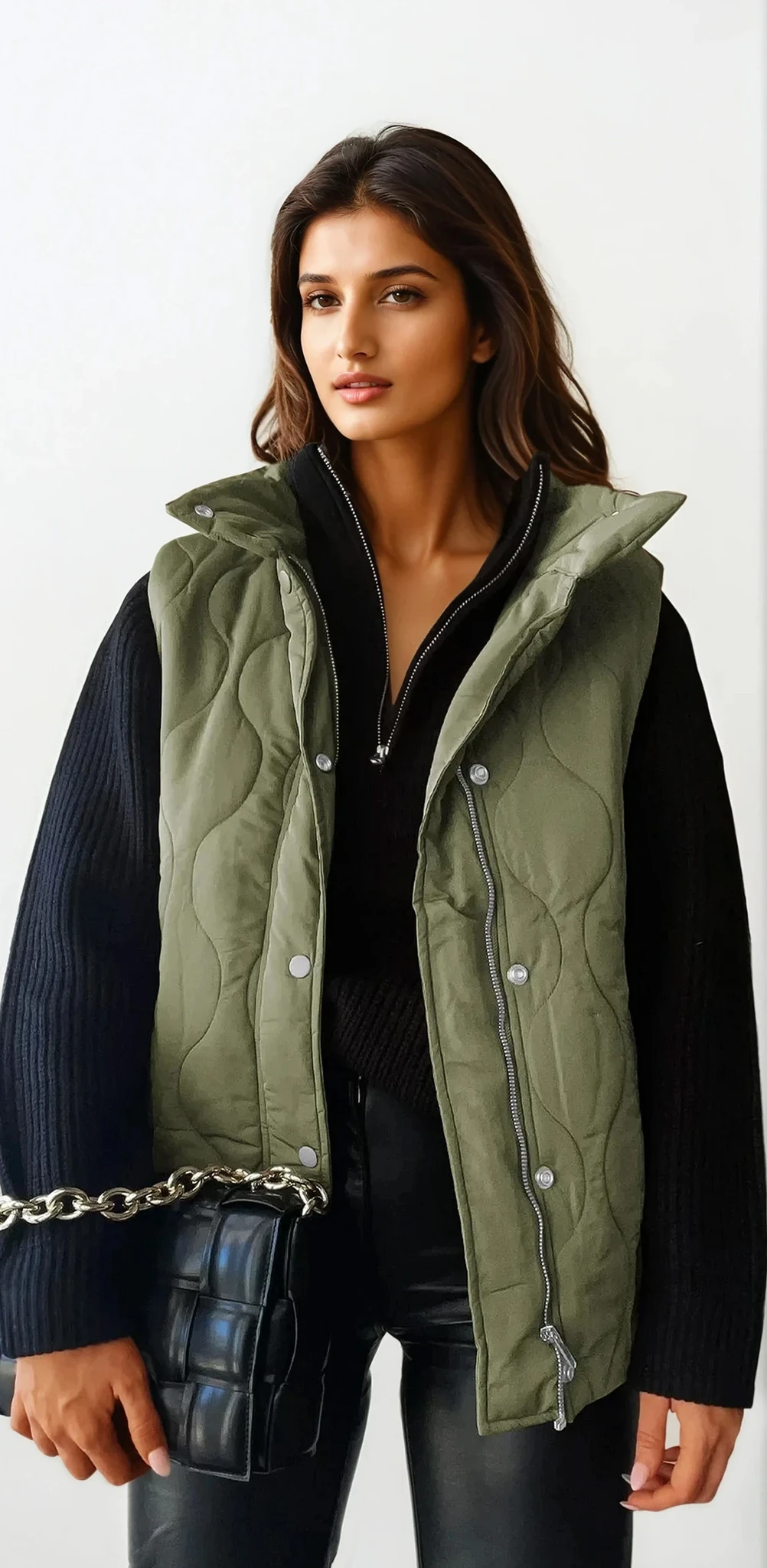 Quilted collared neck vest with sleeveless design and pockets
