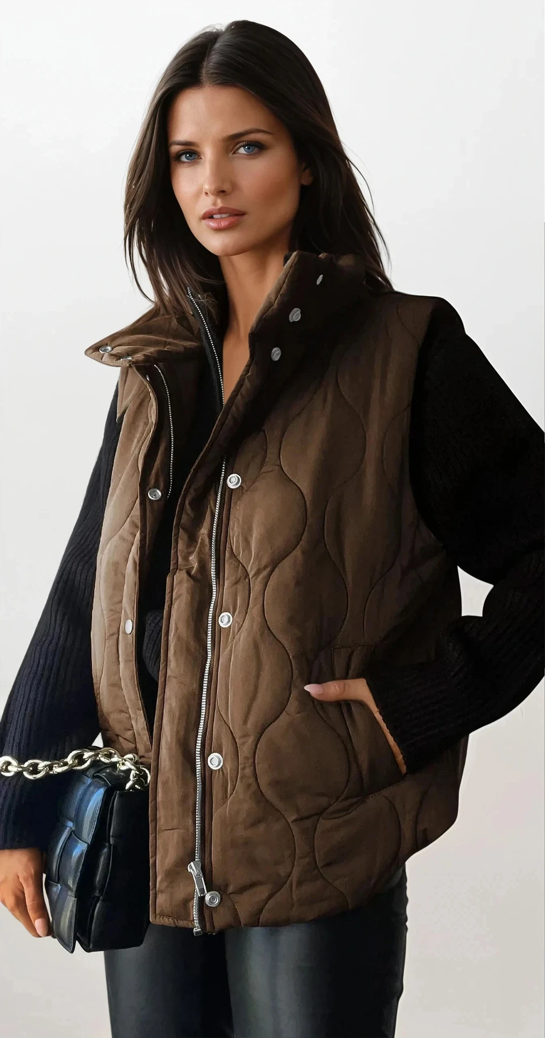 Quilted collared neck vest with sleeveless design and pockets
