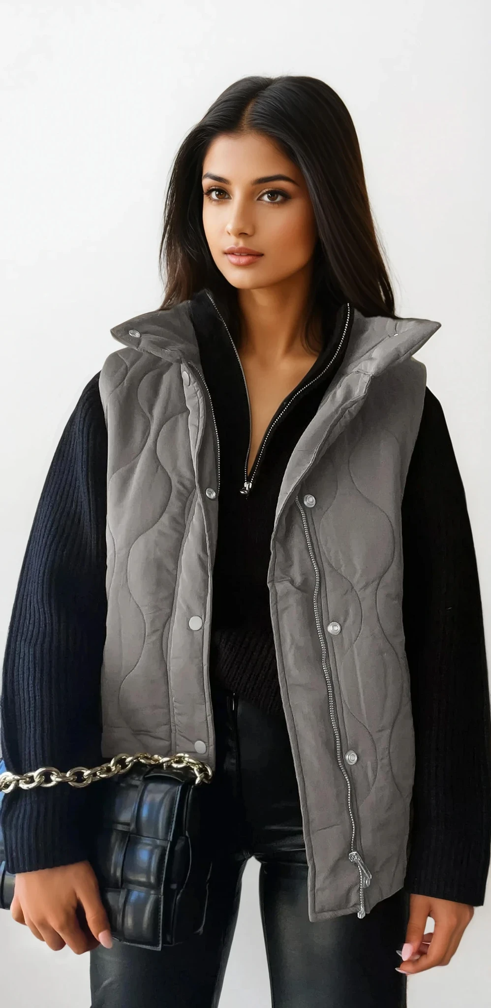 Quilted collared neck vest with sleeveless design and pockets