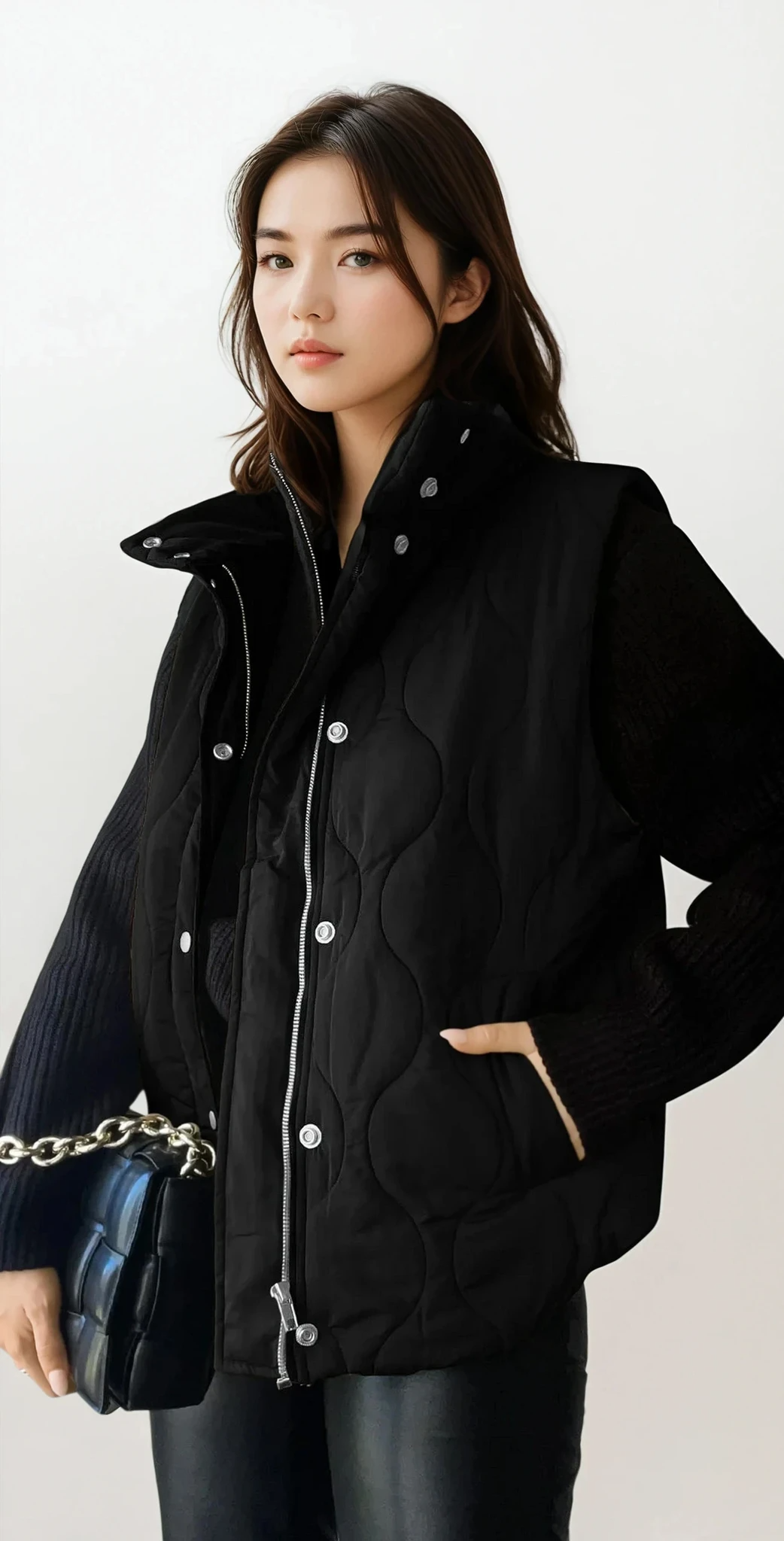 Quilted collared neck vest with sleeveless design and pockets