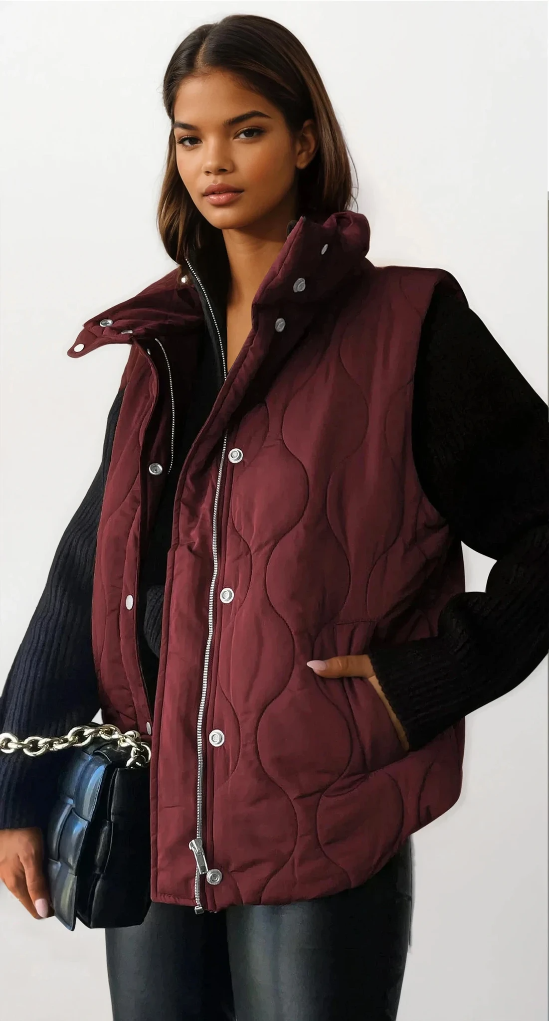 quilted collared neck vest with pockets