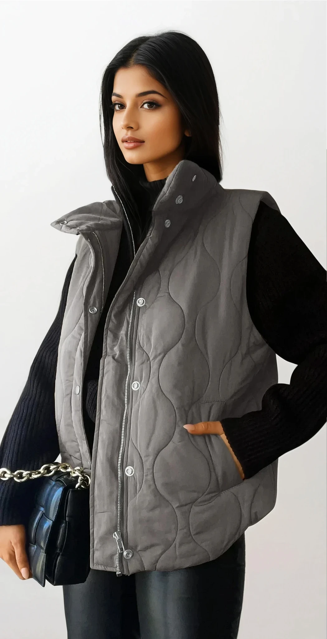 Quilted collared neck vest with sleeveless design and pockets
