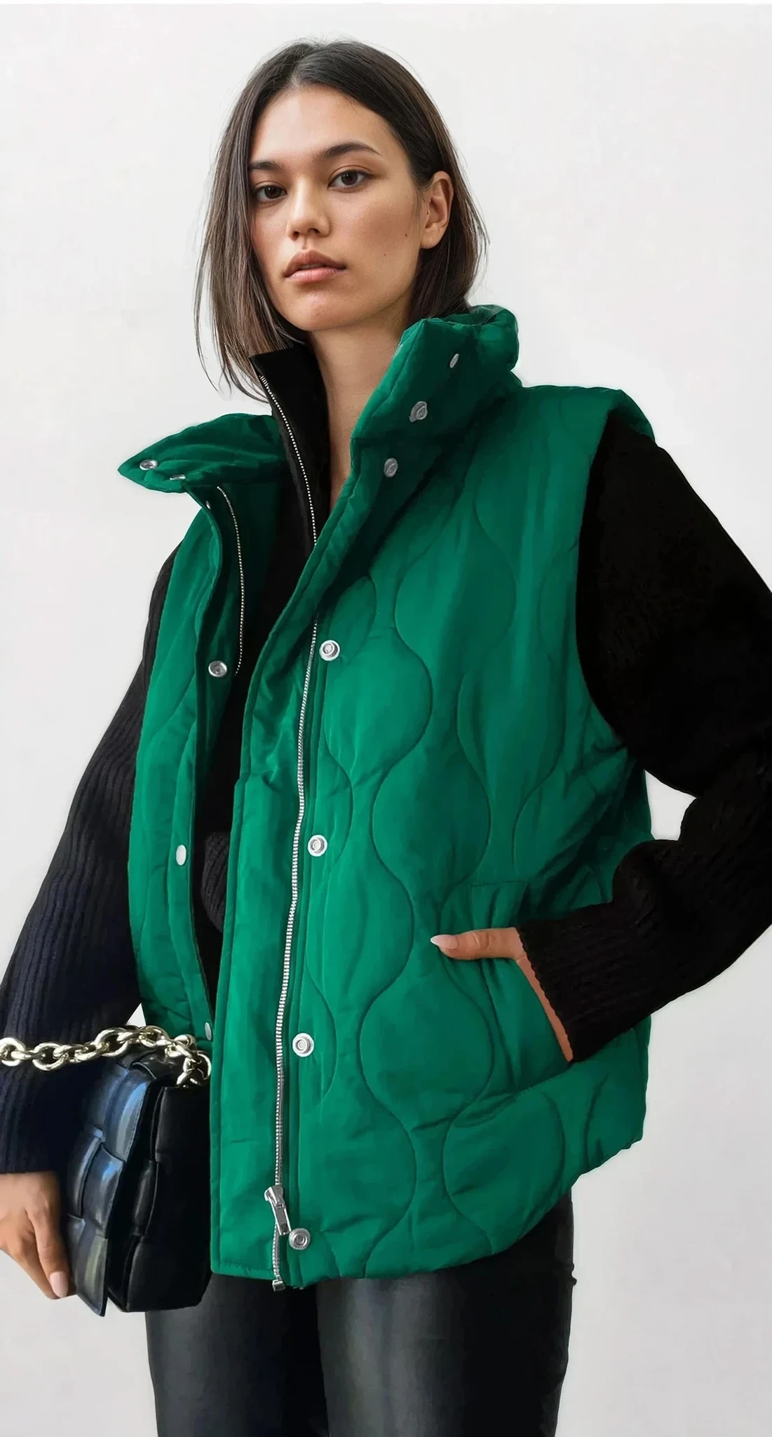 Quilted collared neck vest with sleeveless design and pockets
