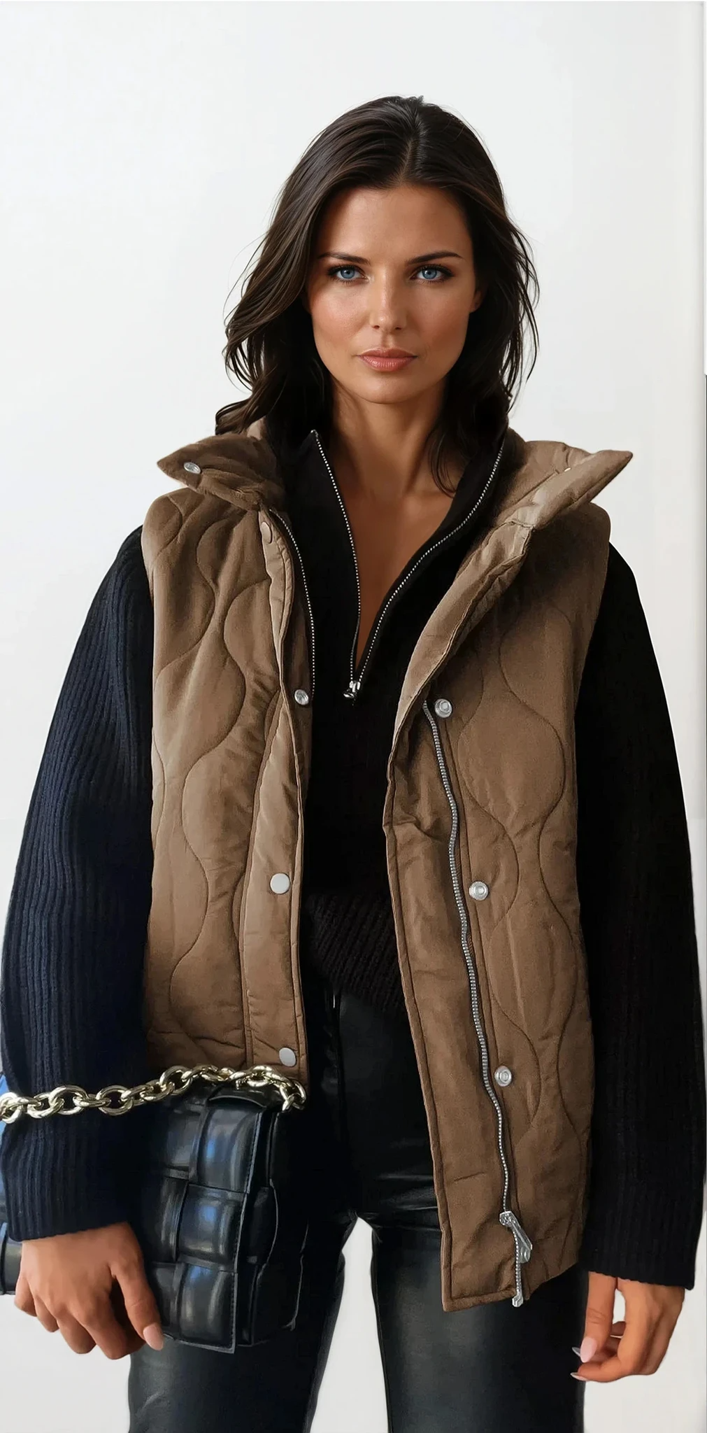 Quilted collared neck vest with sleeveless design and pockets
