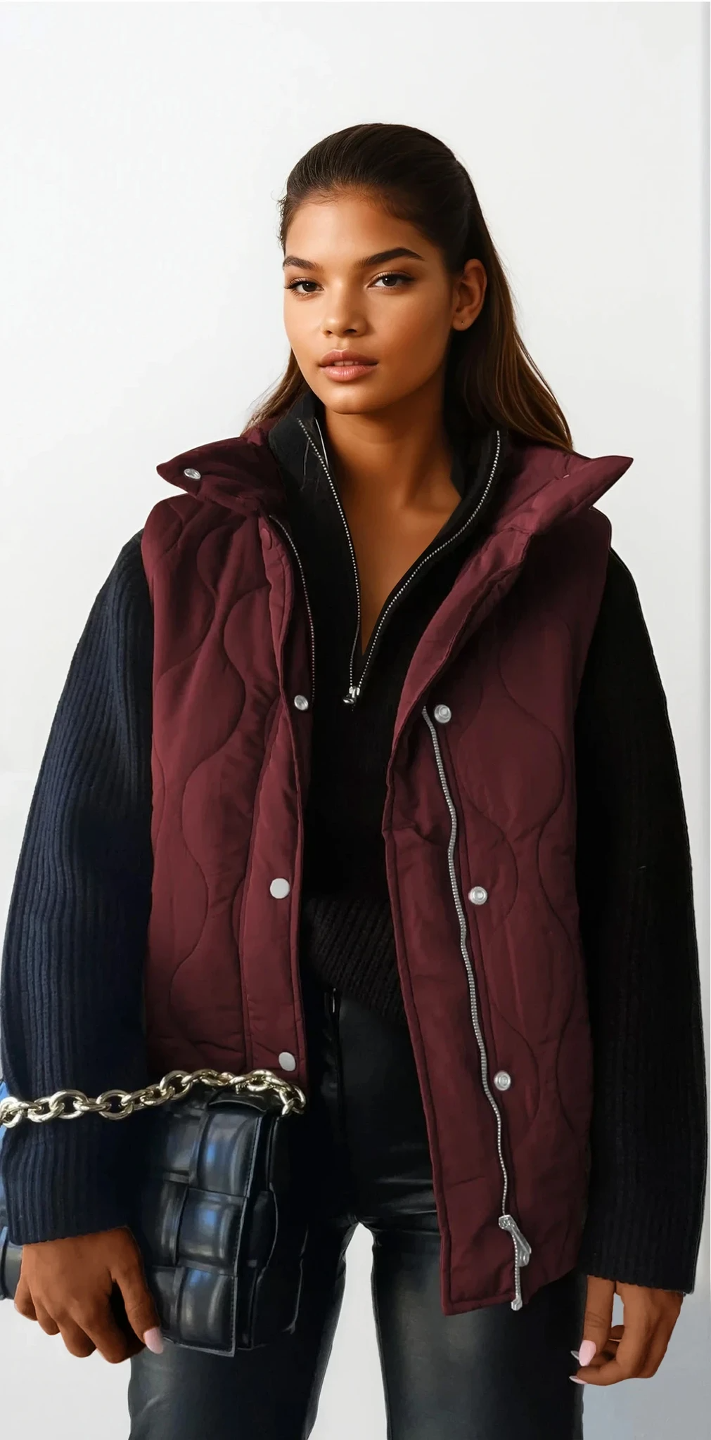 quilted collared neck vest with sleeveless design and pockets