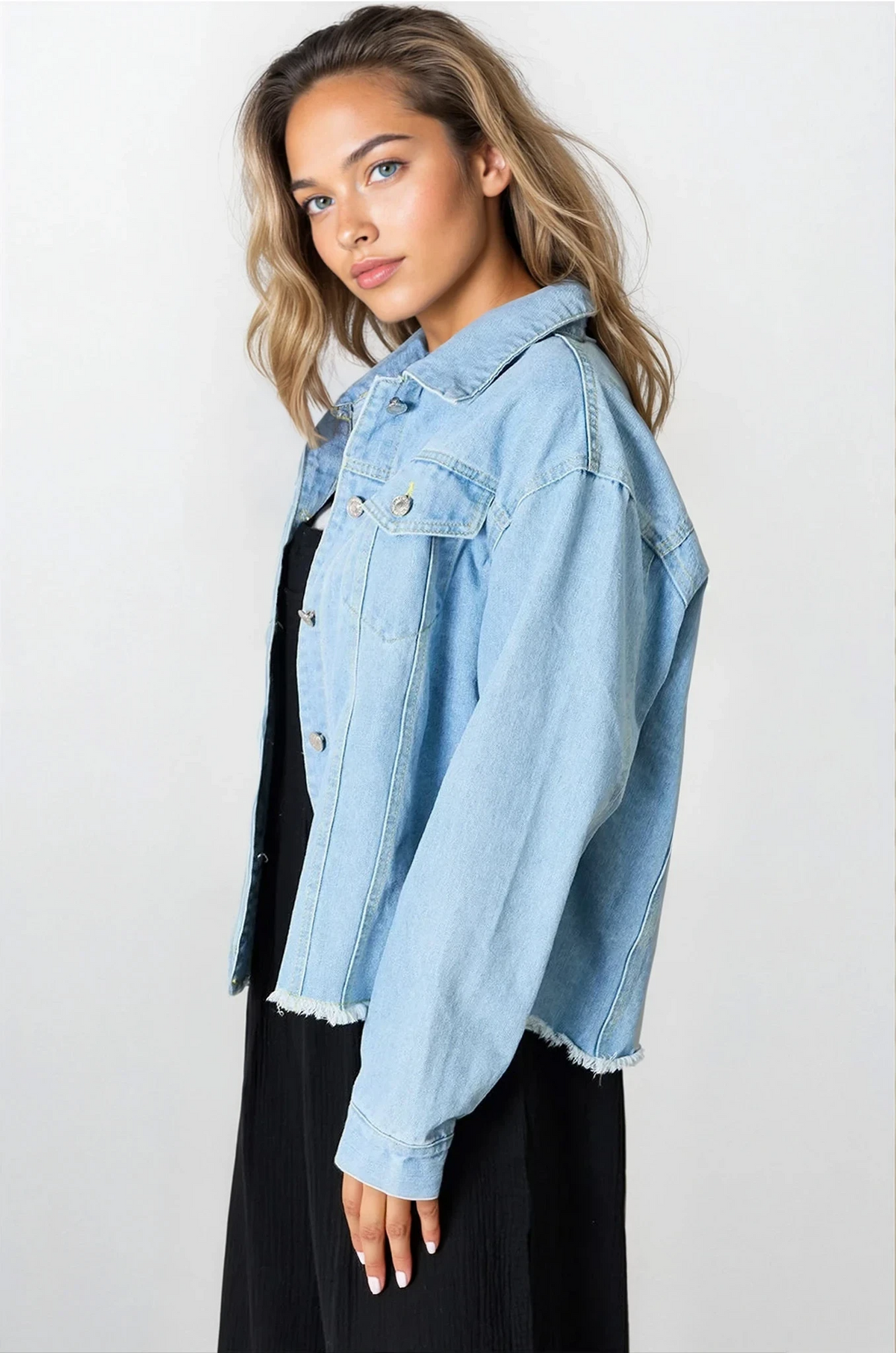 Raw and Real dropped shoulder denim jacket with raw hem and pockets
