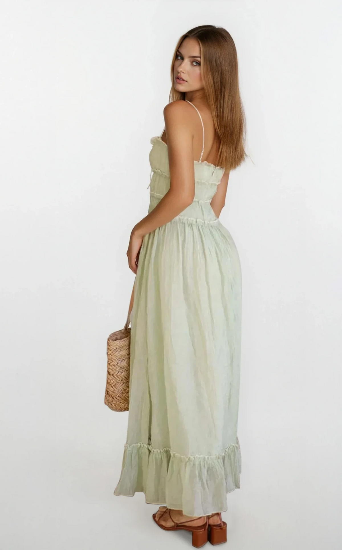 Rhea ruffle cami midi dress with feminine ruffles and sleek silhouette