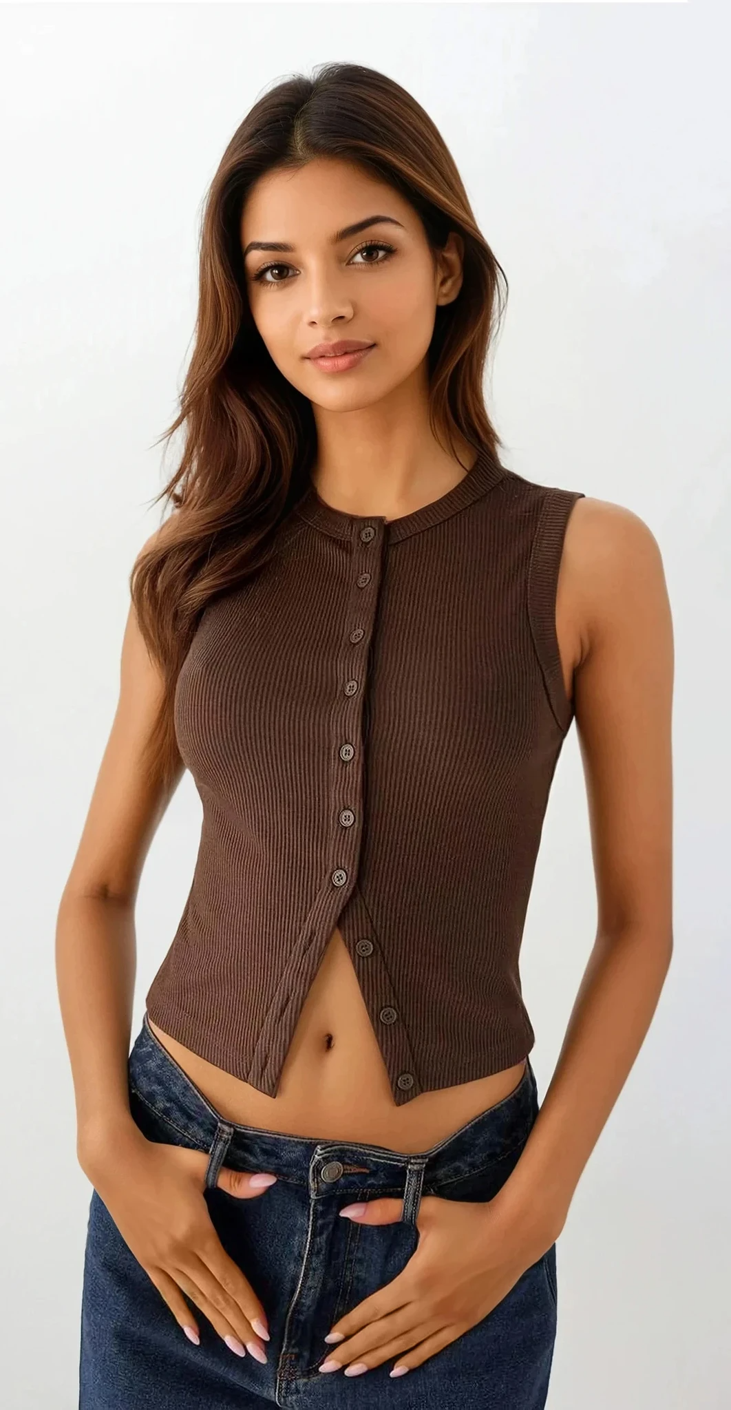Rib-knit round neck button-up tank top in solid color