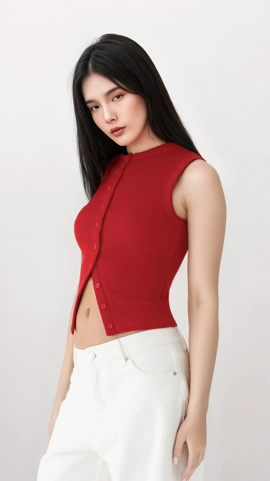 Rib-knit round neck sleeveless button-up tank top