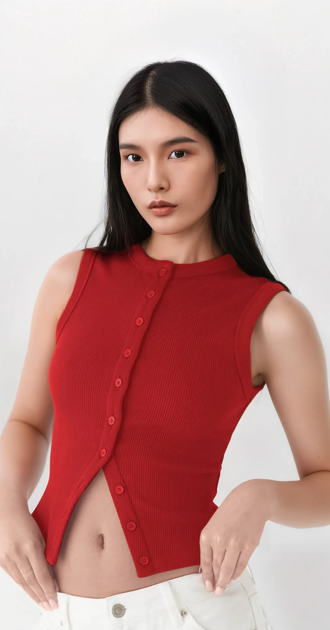 Rib-knit round neck sleeveless tank top with button front in solid color