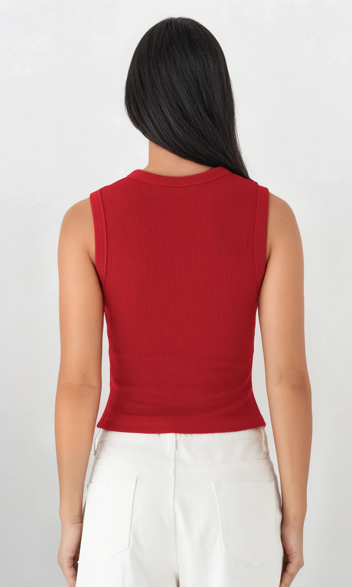 rib-knit round neck sleeveless button-up tank top in solid color