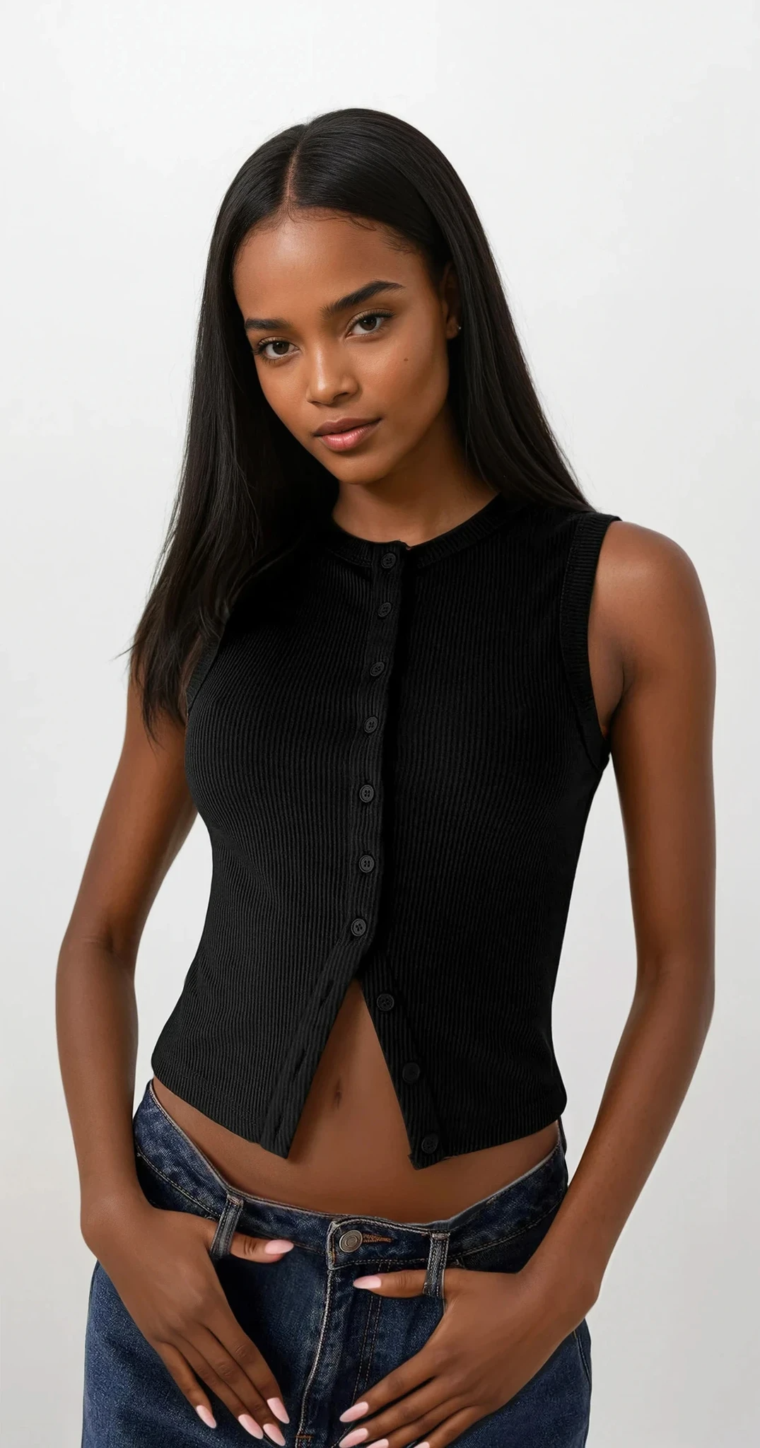 Sleeveless rib-knit round neck tank top with button front in solid color