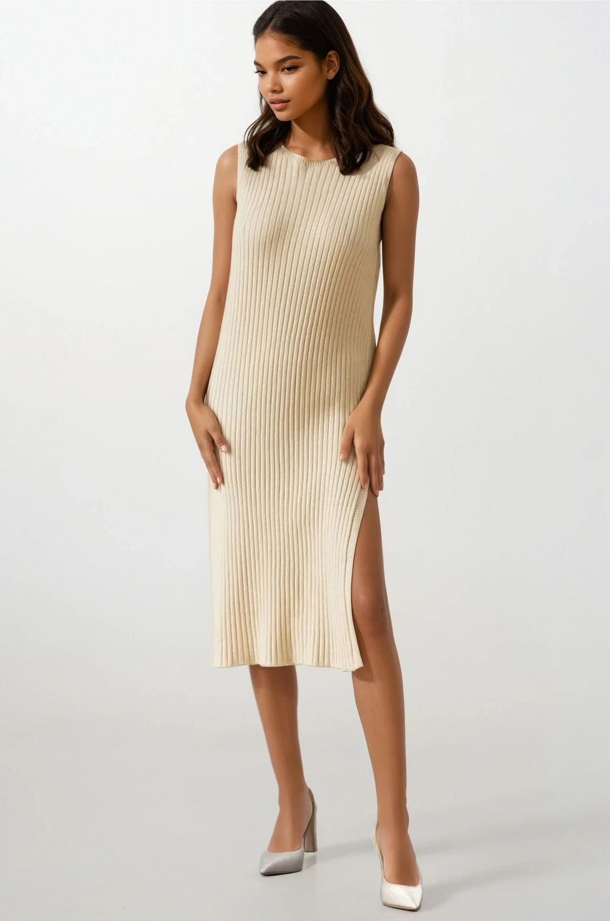 rib-knit sleeveless midi dress with leg slit and round neck