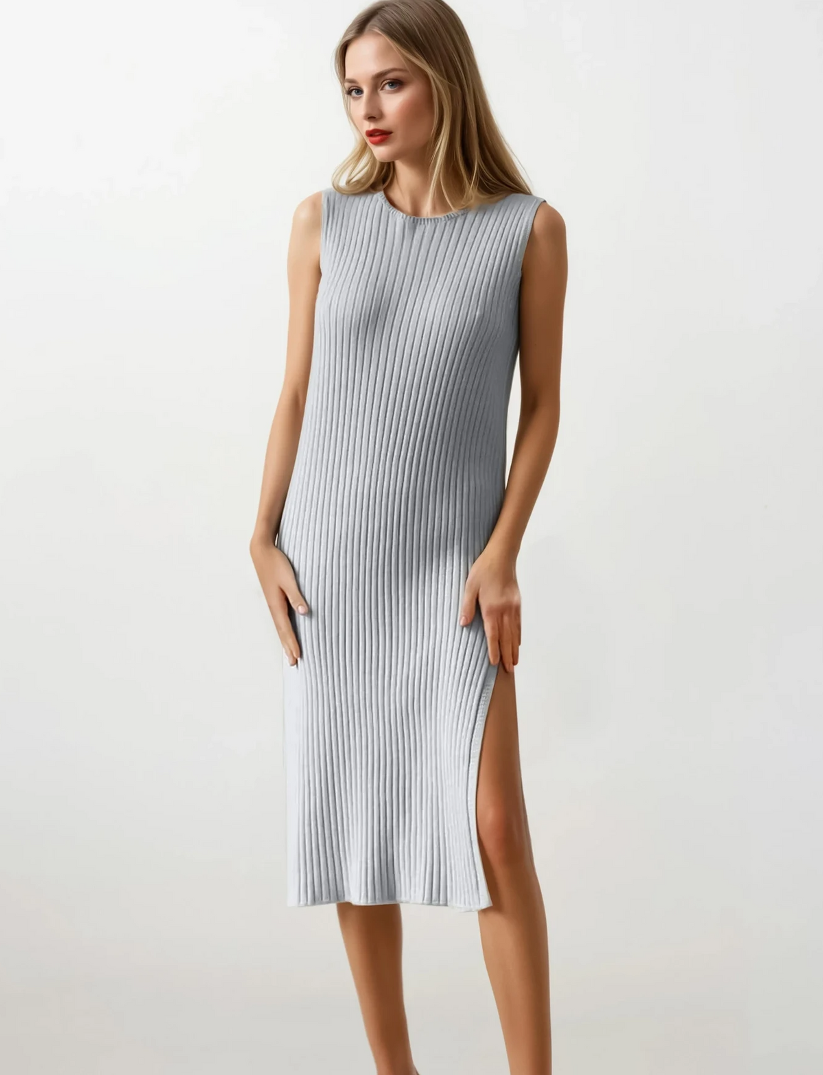 rib-knit slit sleeveless midi dress with round neck