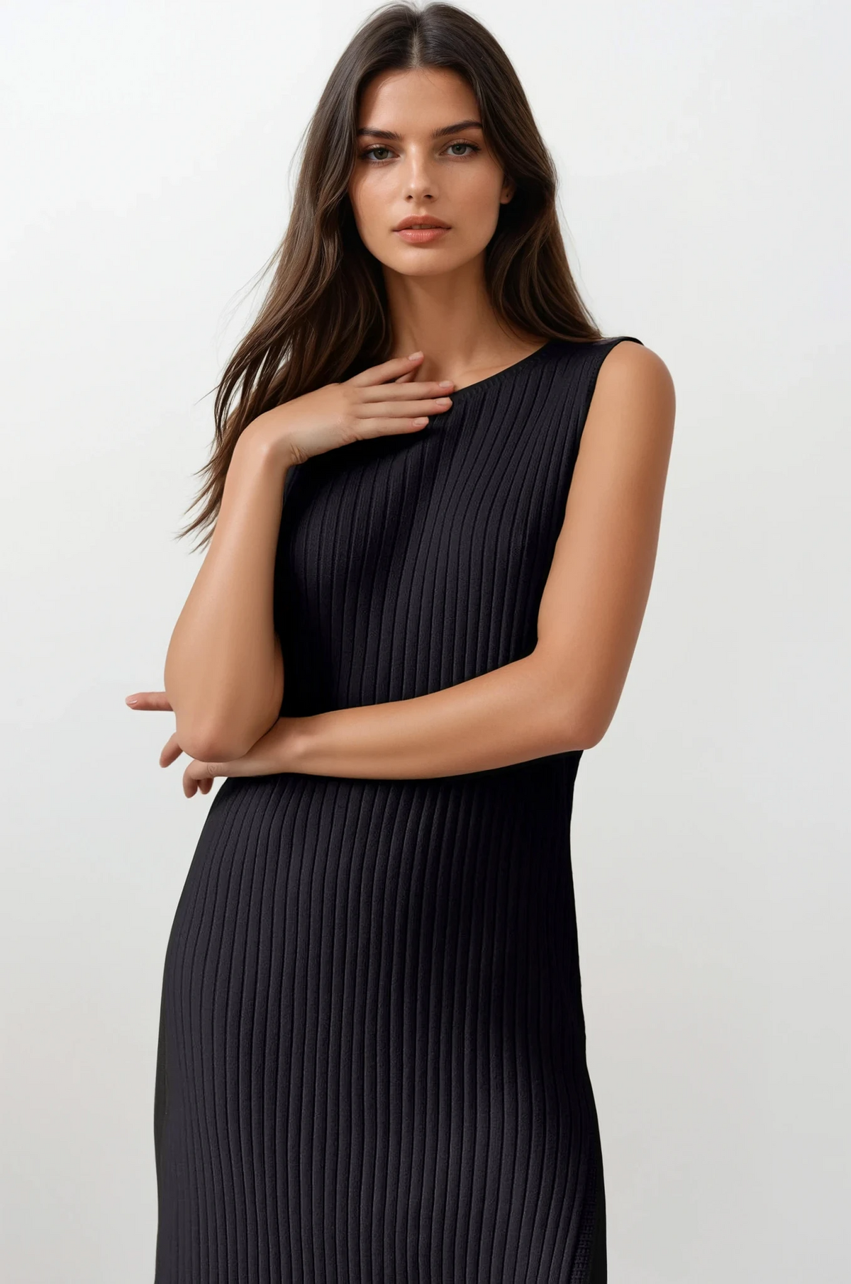 Sleeveless rib-knit slit midi dress with round neck in solid color