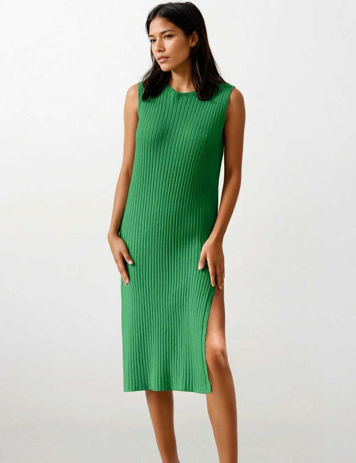 Rib-knit slit sleeveless midi sweater dress in solid pattern