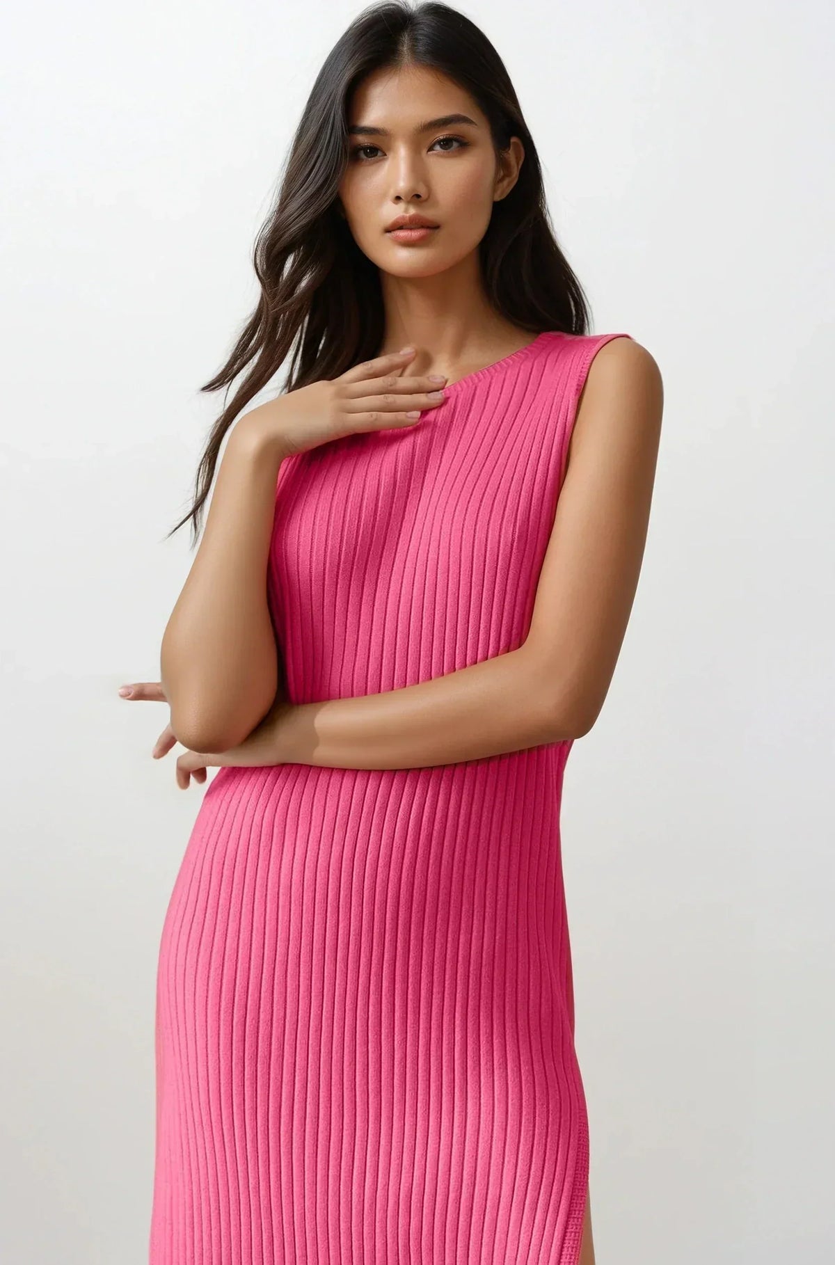 Rib-knit slit sleeveless midi dress with round neck in lightweight fabric